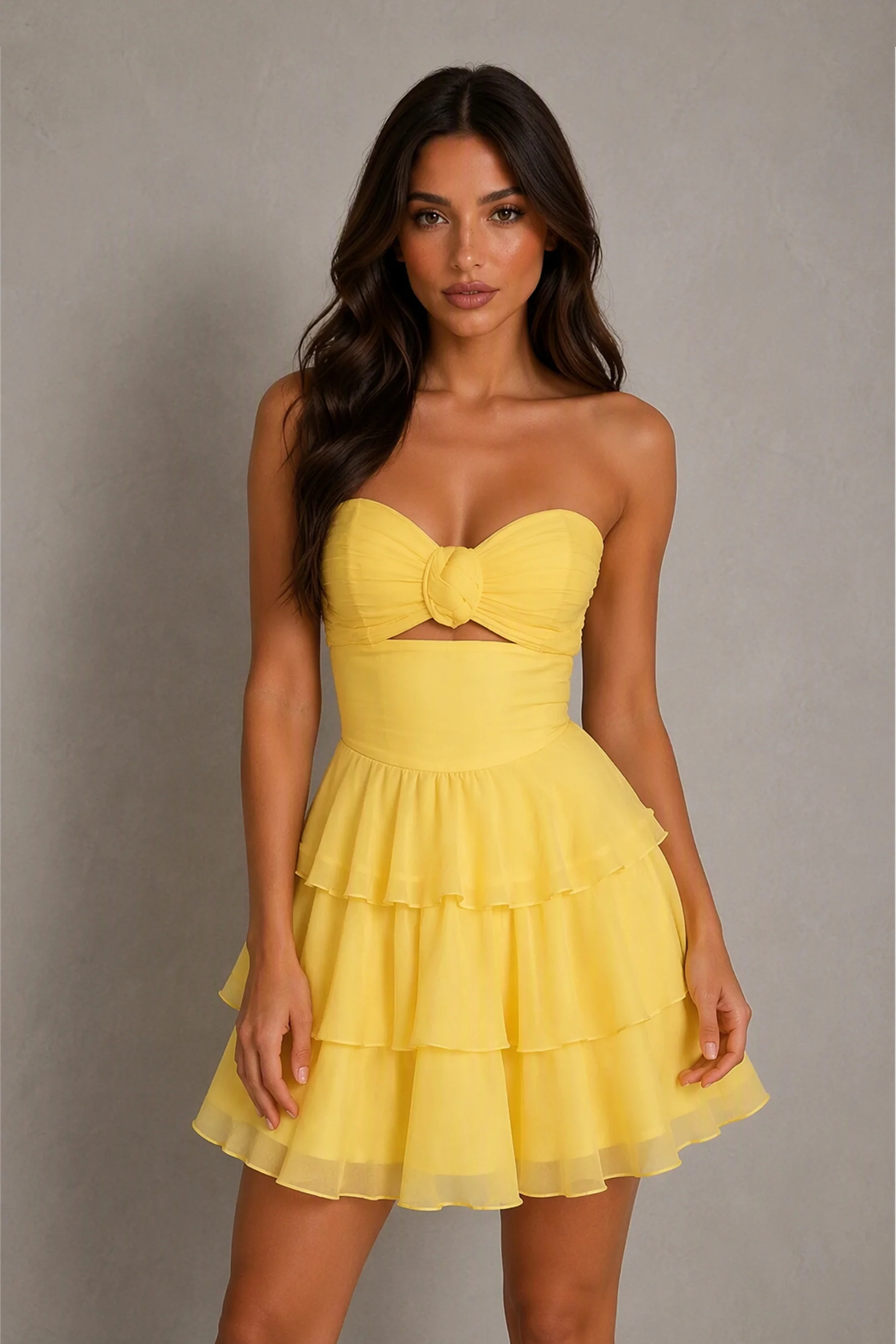 BOLODOO Yellow Strapless Sweetheart Cutout Tiered Ruffle Mini Dress | Homecoming Cocktail Party Dress