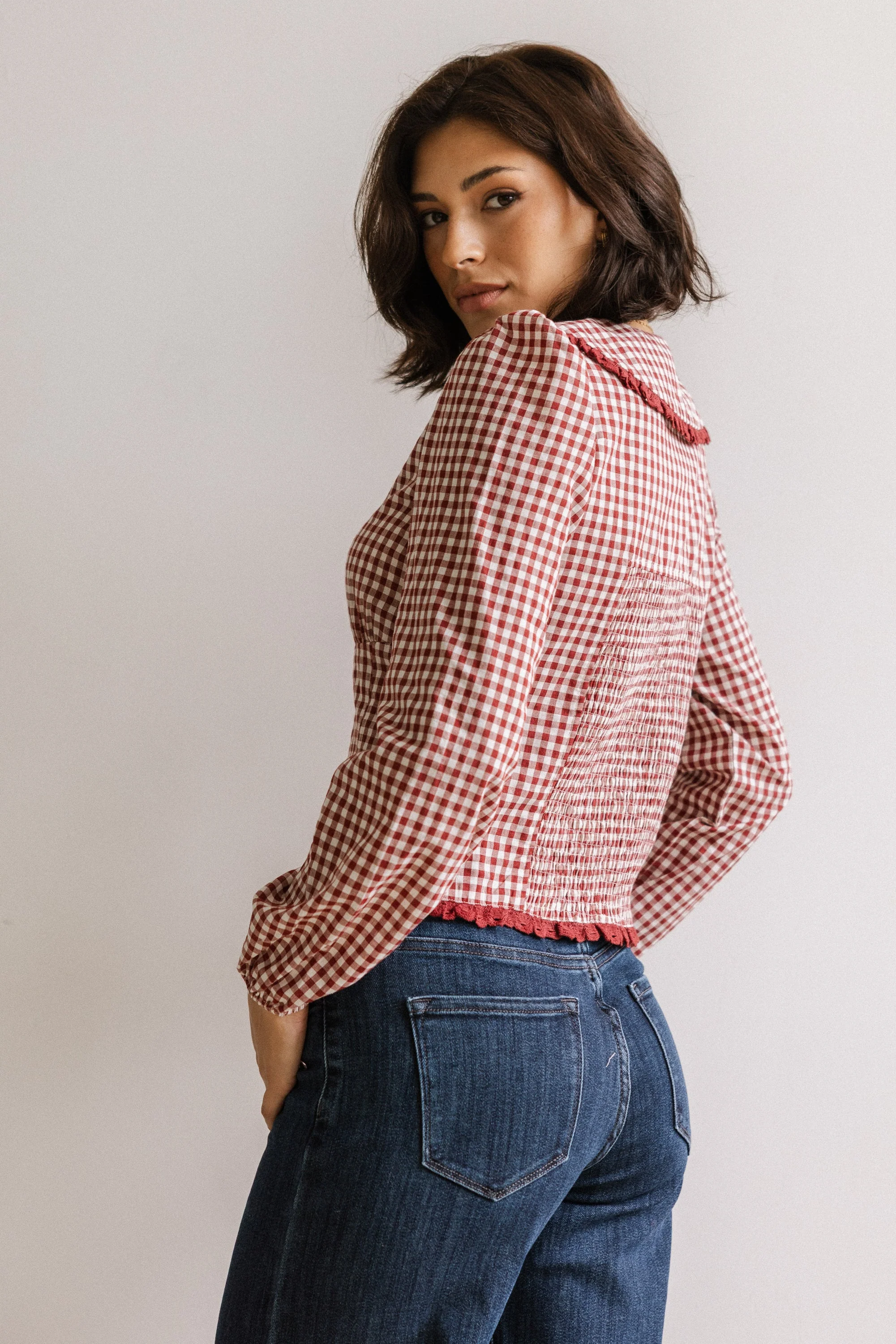 Brenna Gingham Blouse in Burgundy