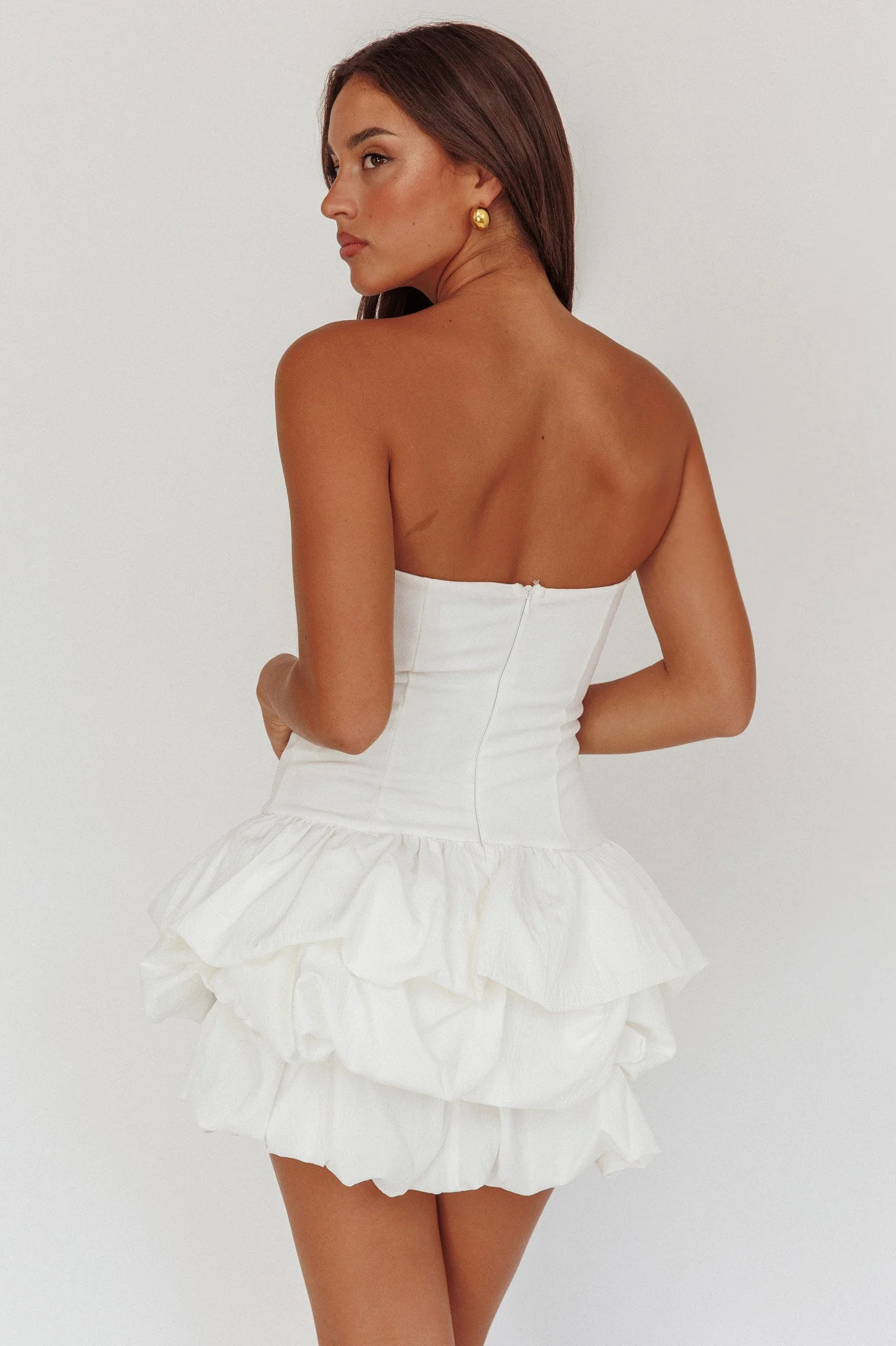Nefiti Strapless Layered Bubble Hem Dress White