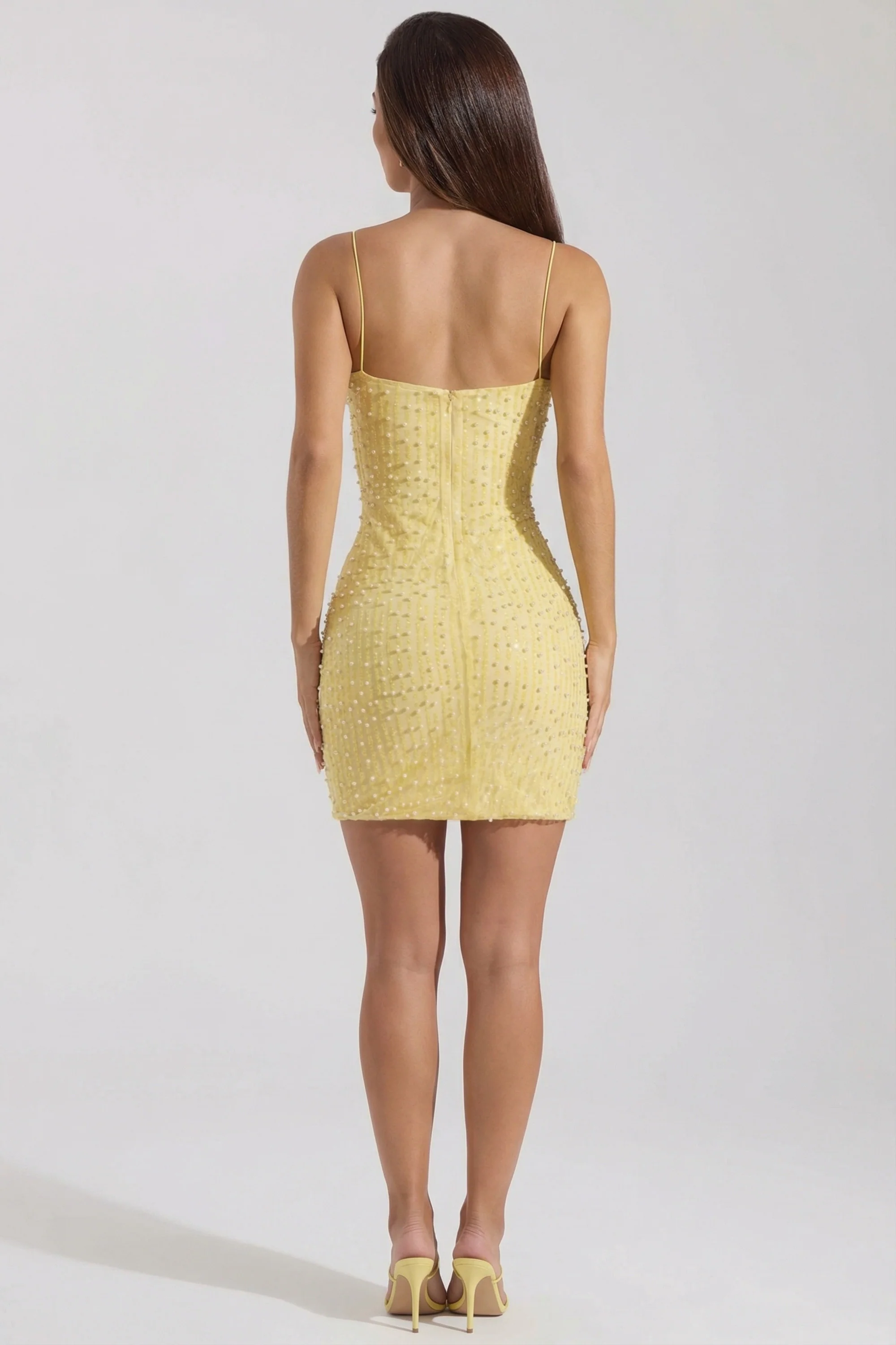 Embellished Scoop-Neck Bodycon Mini Dress in Yellow