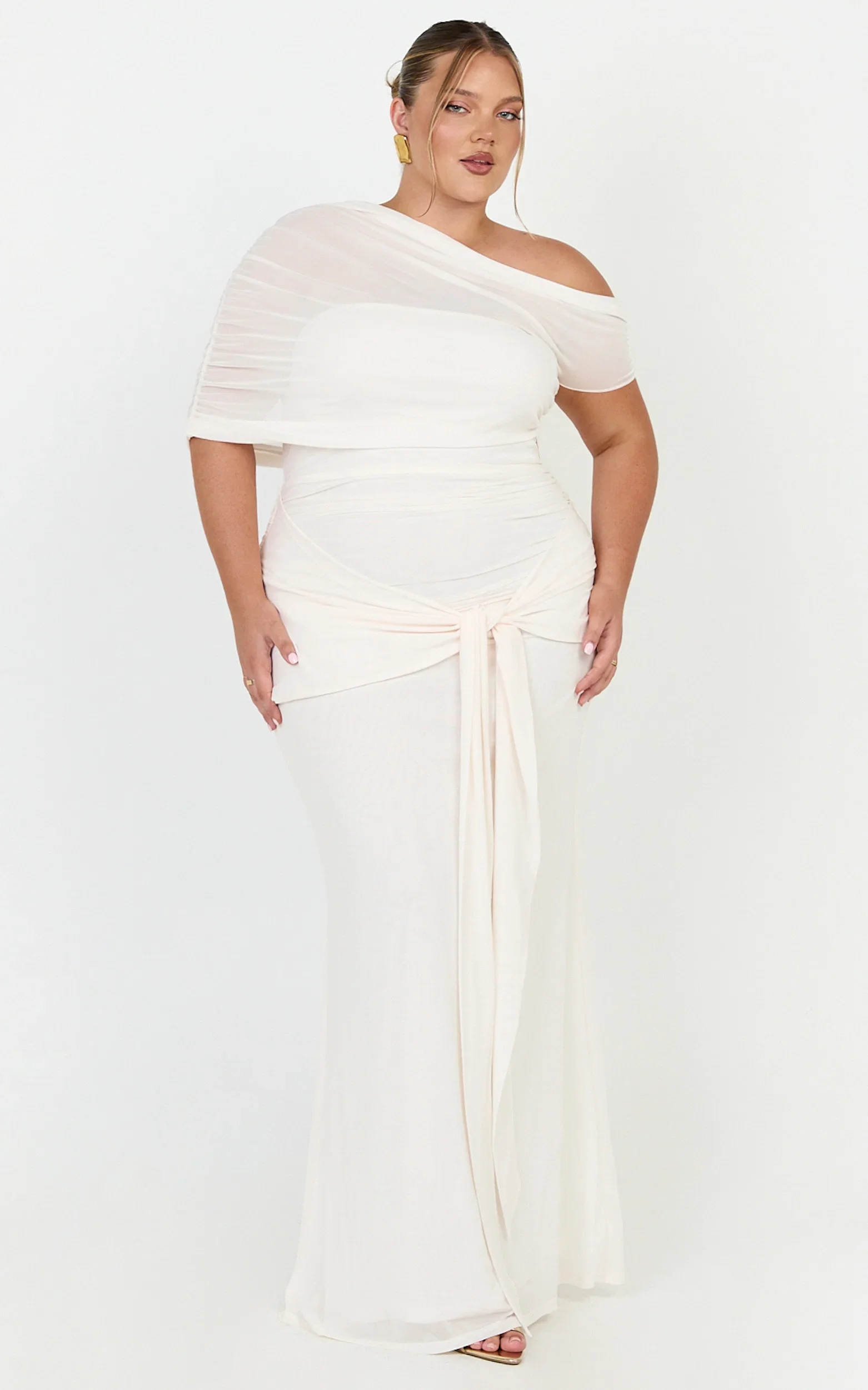 Nicolette Maxi Dress - Cape Sleeve Off Shoulder Dress in Cream
