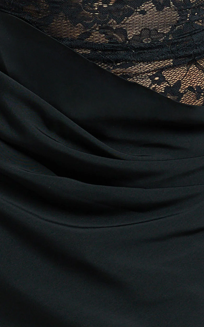 Rania Mini Dress - Square Neck Cowl Waist Lace Dress in Black - luluinthesky