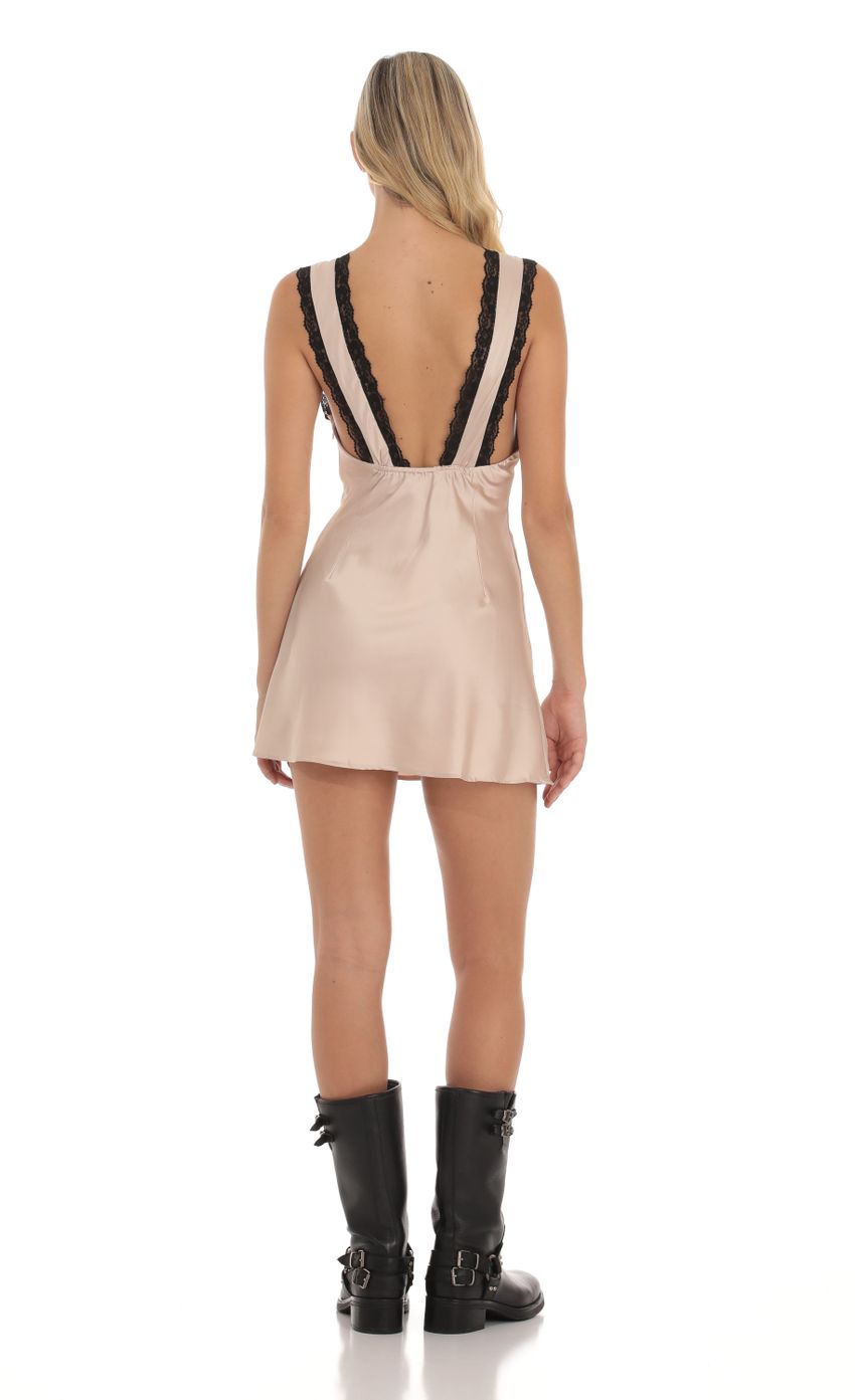 Lace Satin V-Neck Dress in Camel