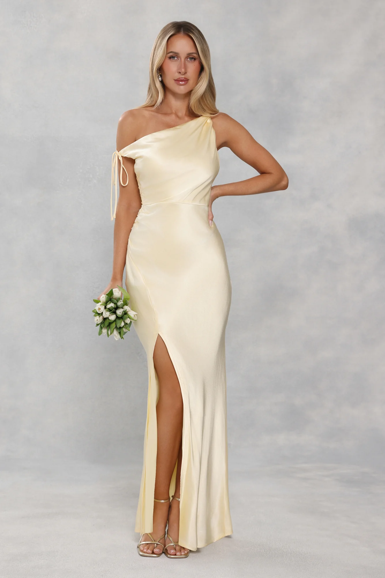 The Clover Off Shoulder Satin Maxi Dress Yellow