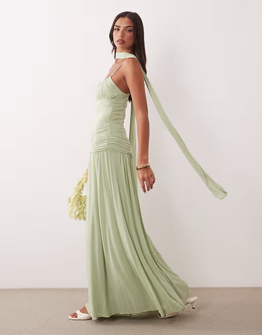 mesh ruched bust maxi dress with scarf detail in sage green