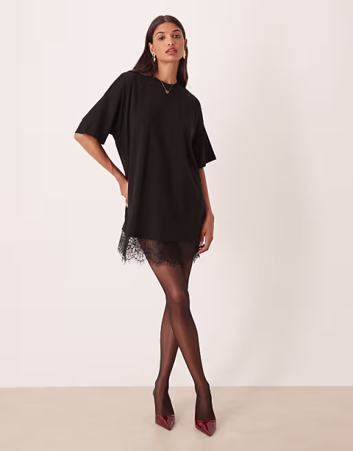oversized mini dress with lace hem trim in black
