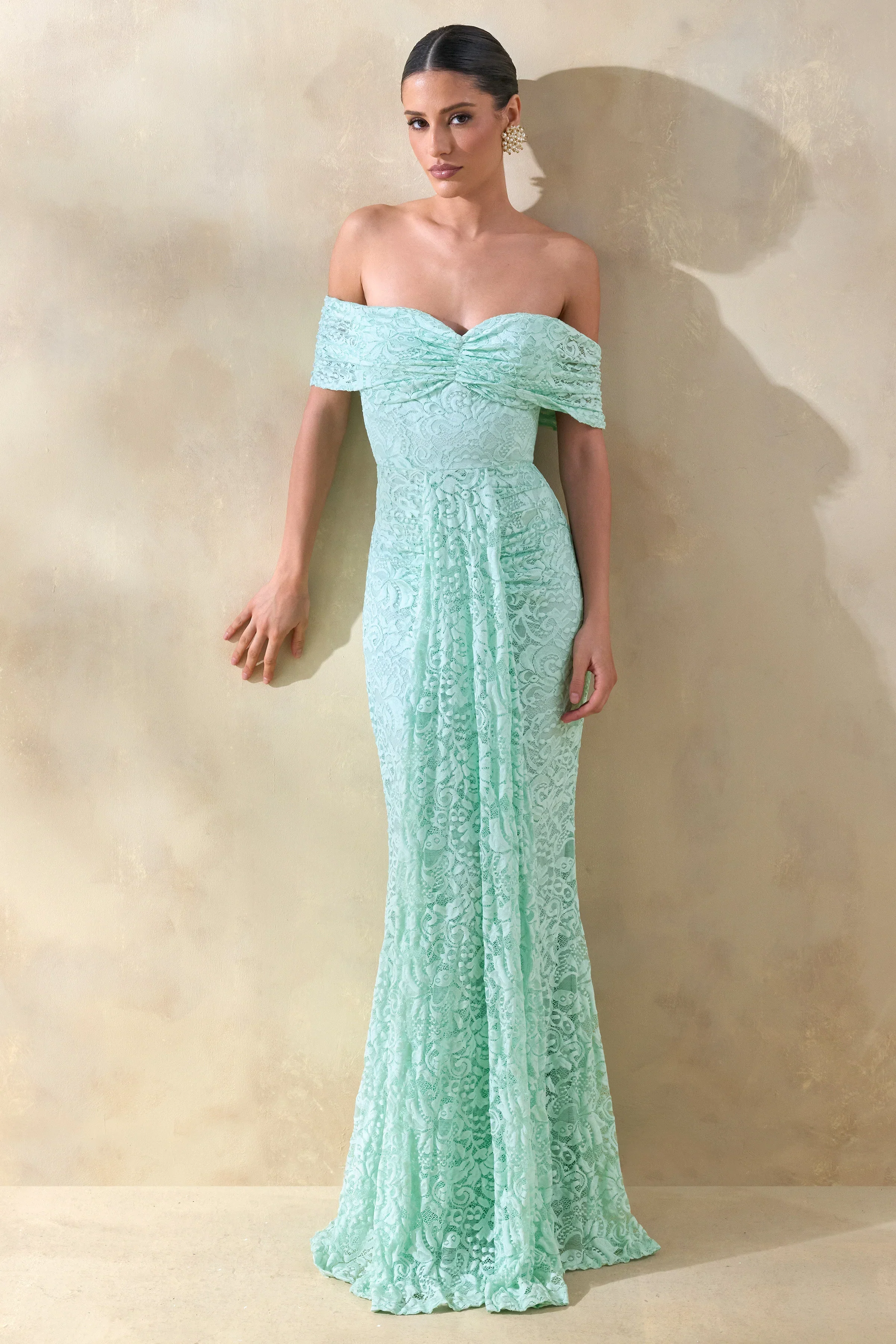 Aries | Mint Lace Bardot-Neck Maxi Dress With Gathered Detailing