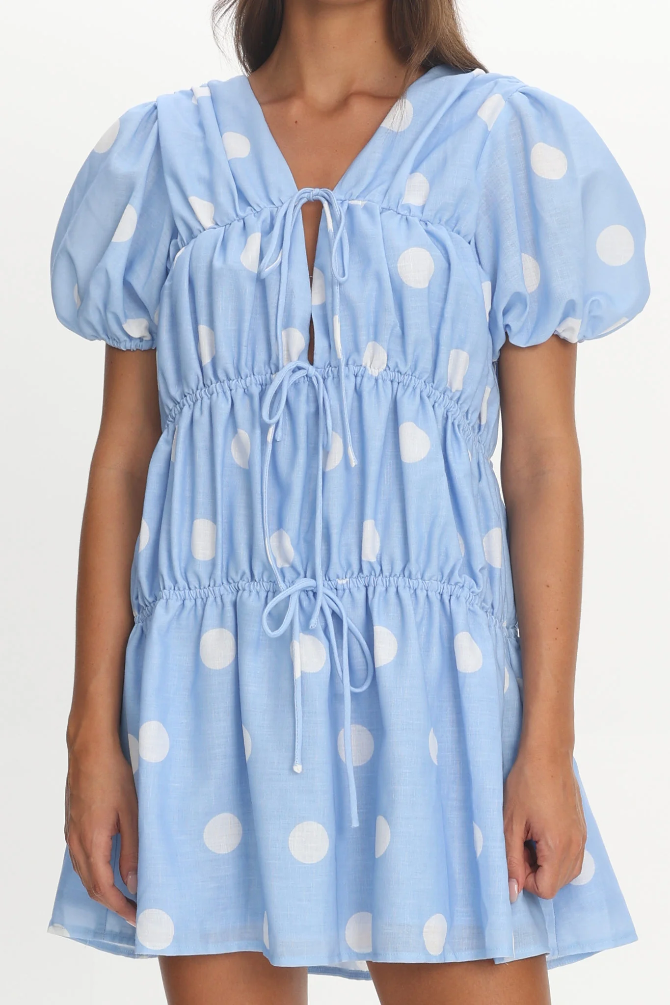 Antibes Tie Front Puff Sleeve Mini Dress Light Blue - luluinthesky