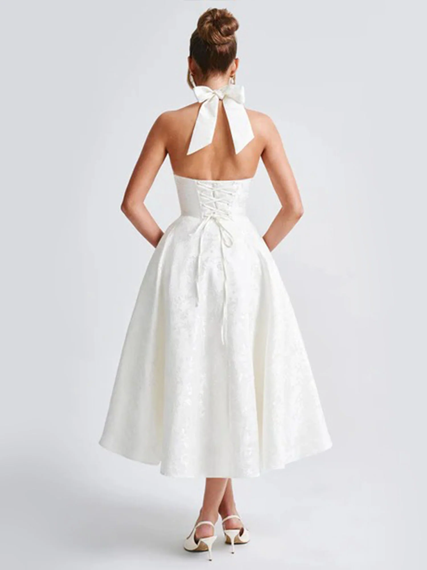 White Halter Flared Midi Dress