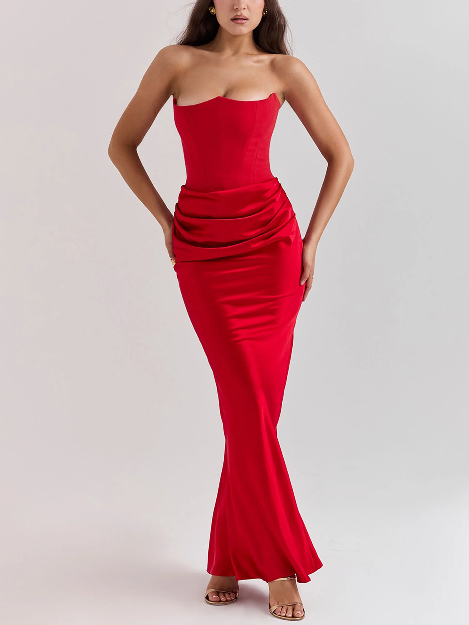Red Strapless Draped Bodycon Maxi Dress