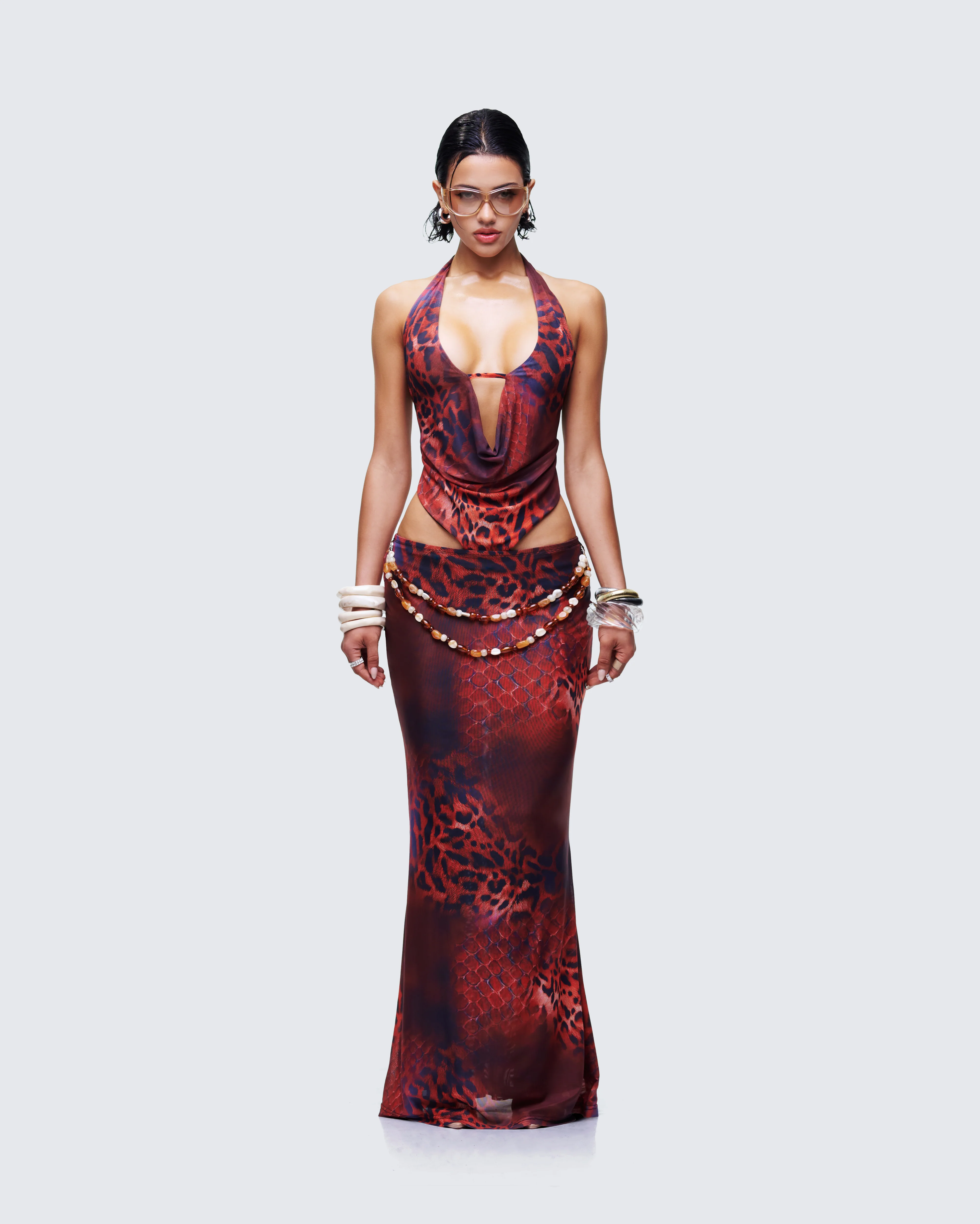 Neeve Red Mesh Bead Trim Maxi Dress