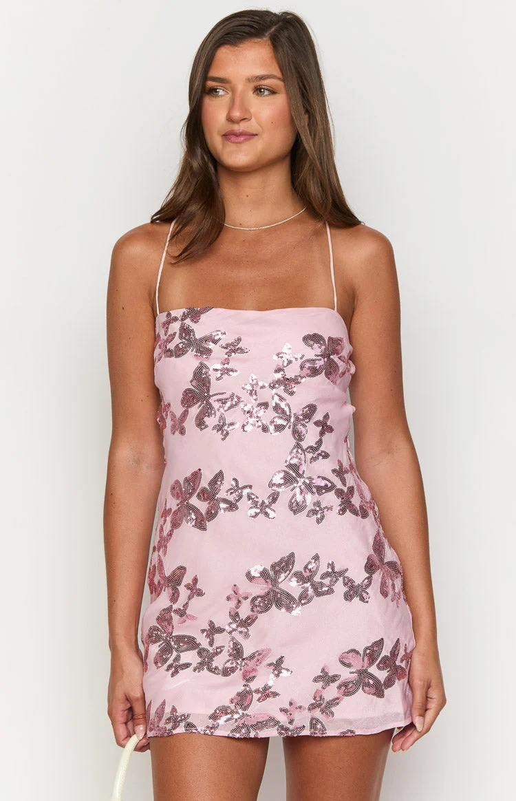 Alora Pink Butterfly Sequin Mini Dress