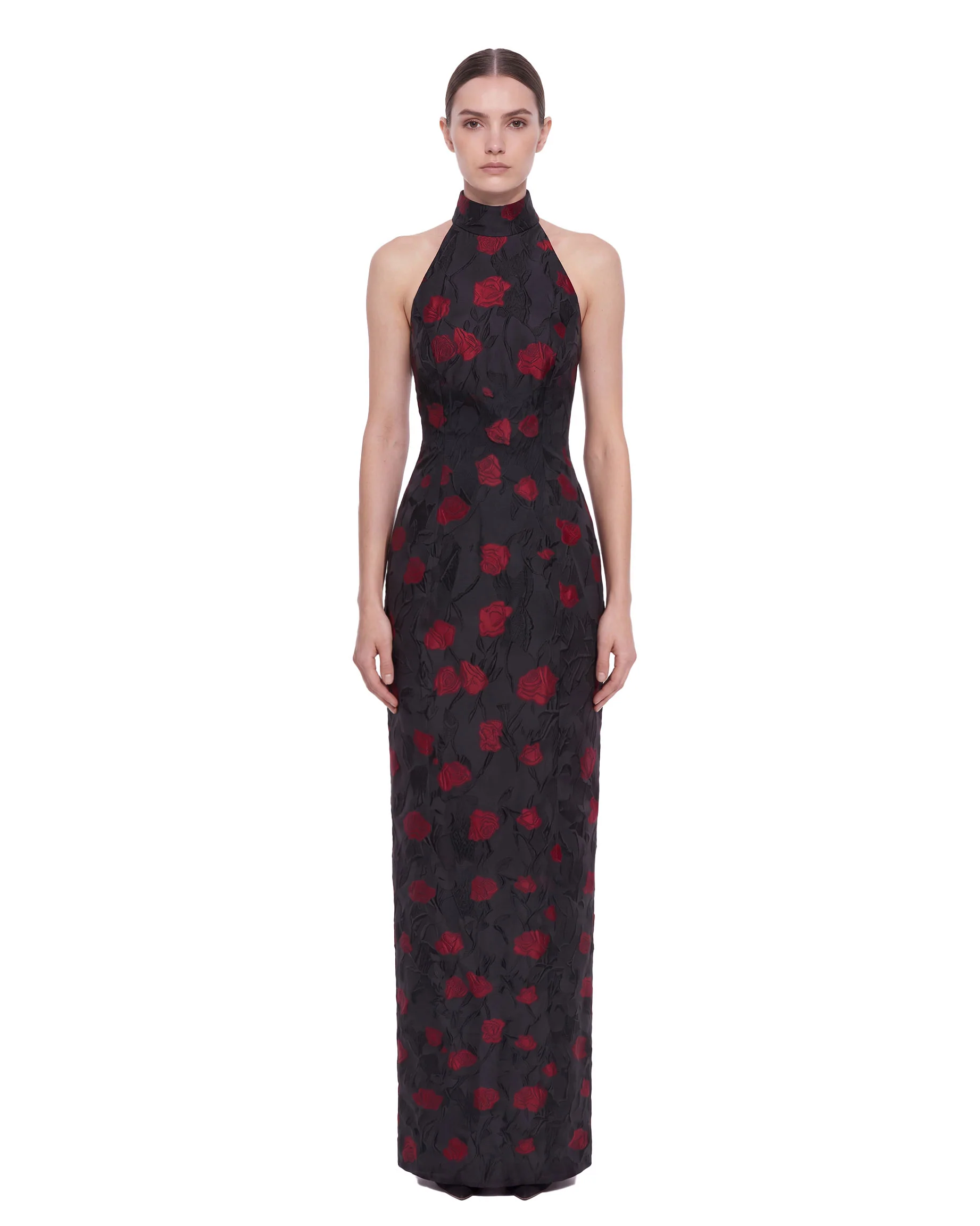 Floral Jacquard Halter Open-Back Maxi Dress - Black & Red