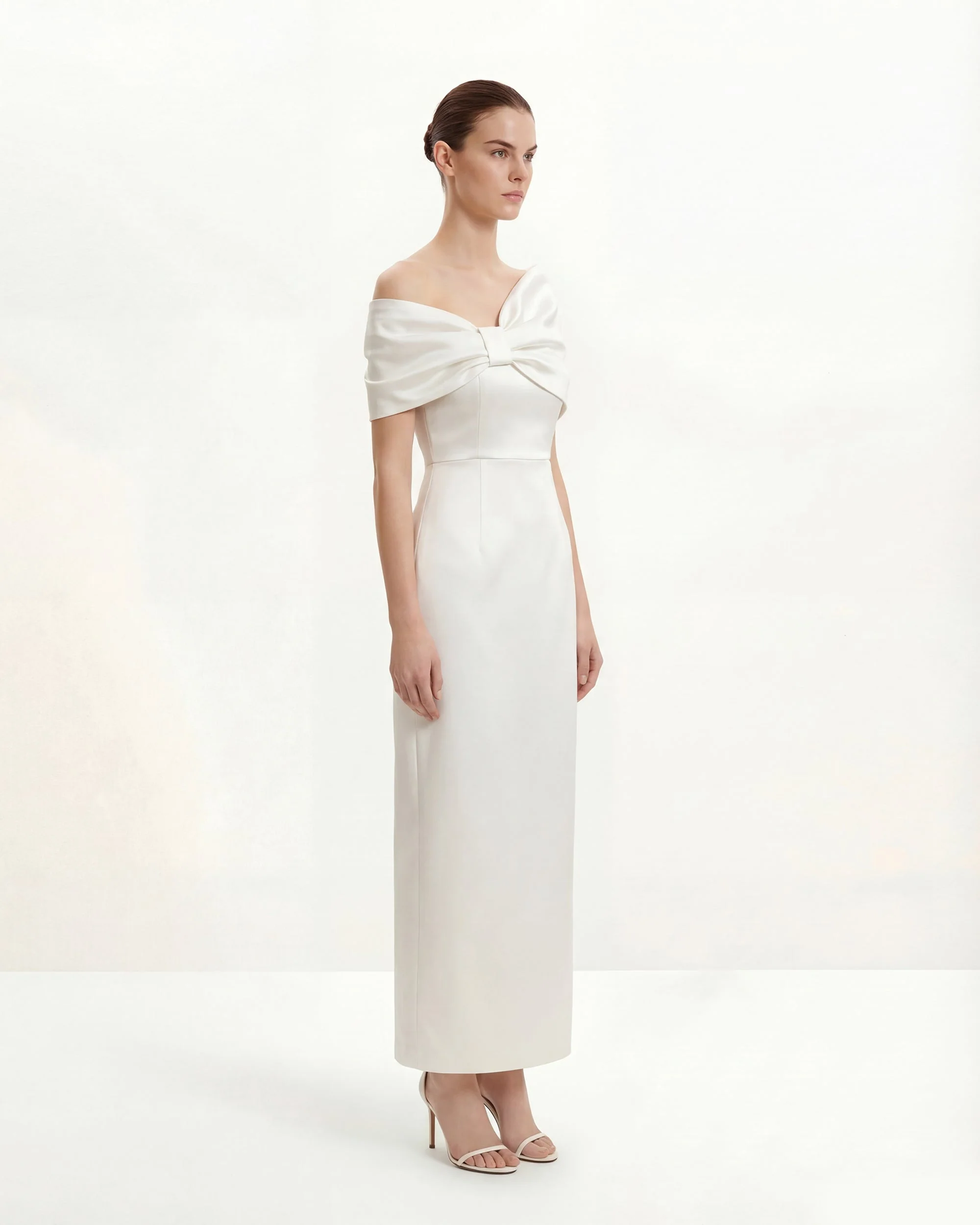 Satin Asymmetric Bow Maxi Dress - White - FASHION NOB