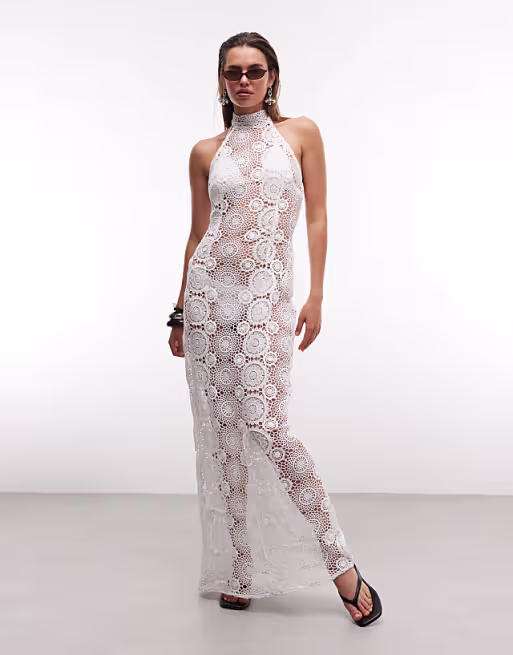 Noughts & Kisses sheer crochet halterneck sleeveless maxi dress in white