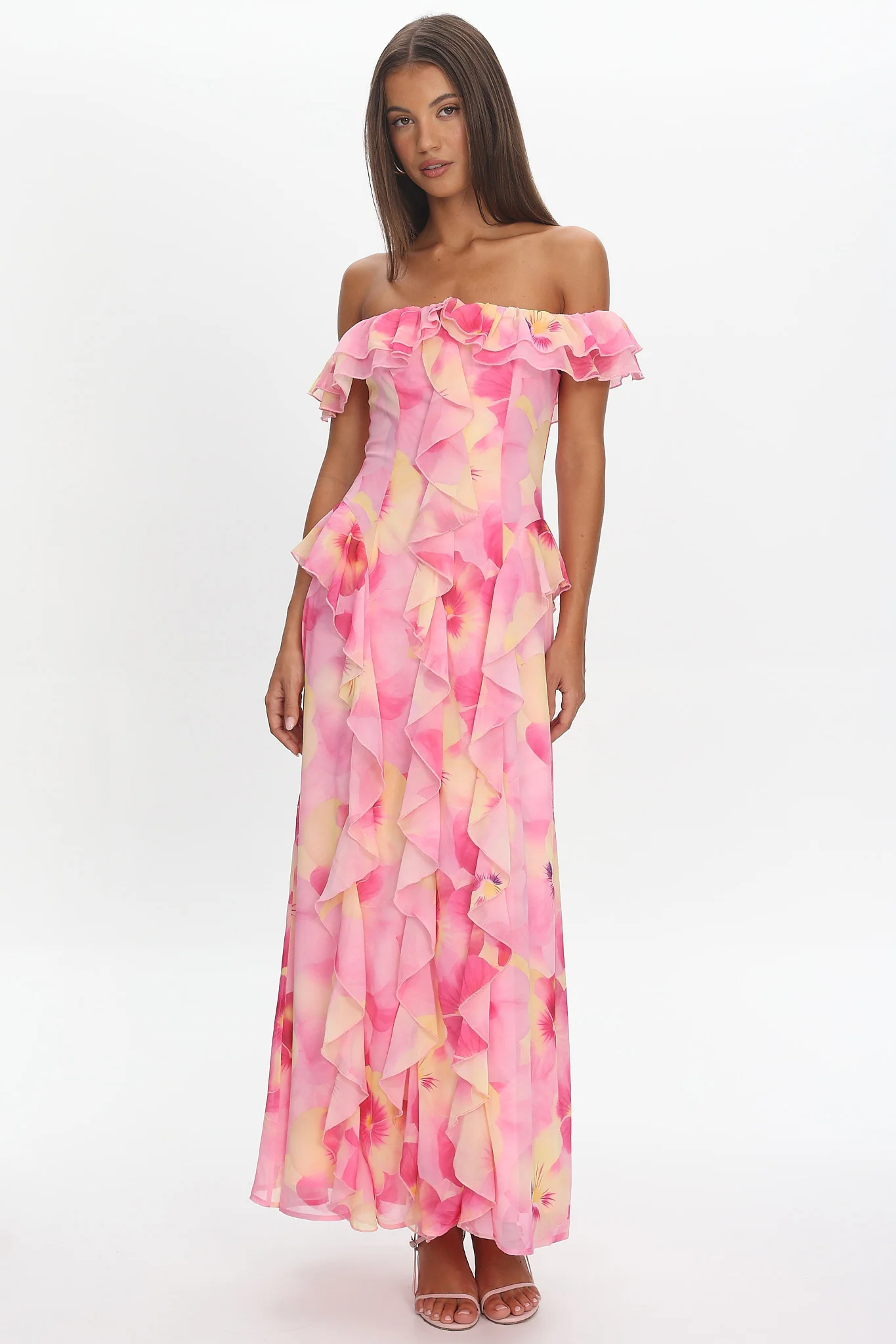 Scarlet Off-Shoulder Ruffle Trim Maxi Dress Print Pink