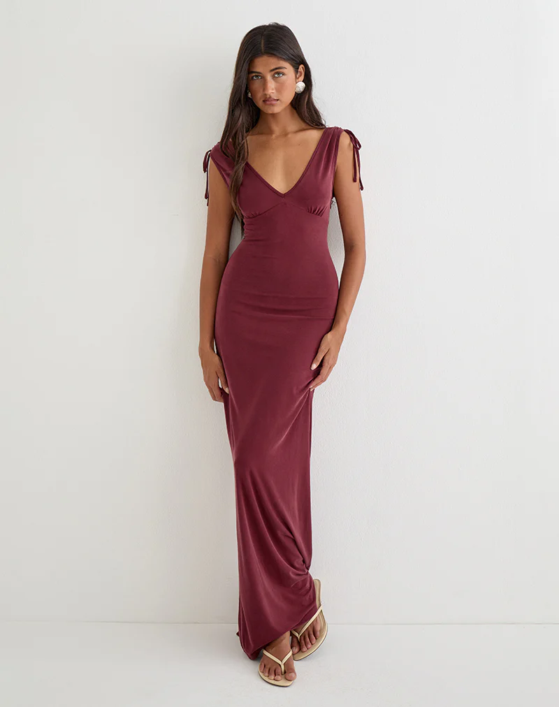 Sanyu Plunge Maxi Dress in Cupro Burgundy