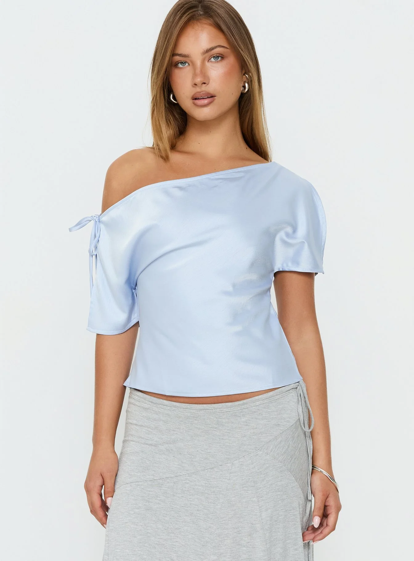 Faisa Off Shoulder Satin Top Powder Blue