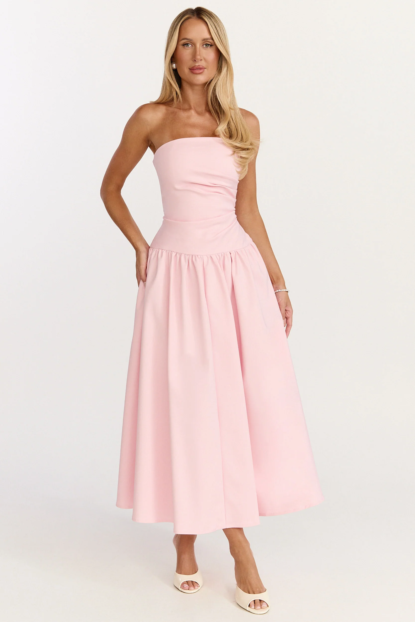 Louisa Maxi Dress - Strapless Side Ruched Dropped Waist Fit And Flare Dress in Pink