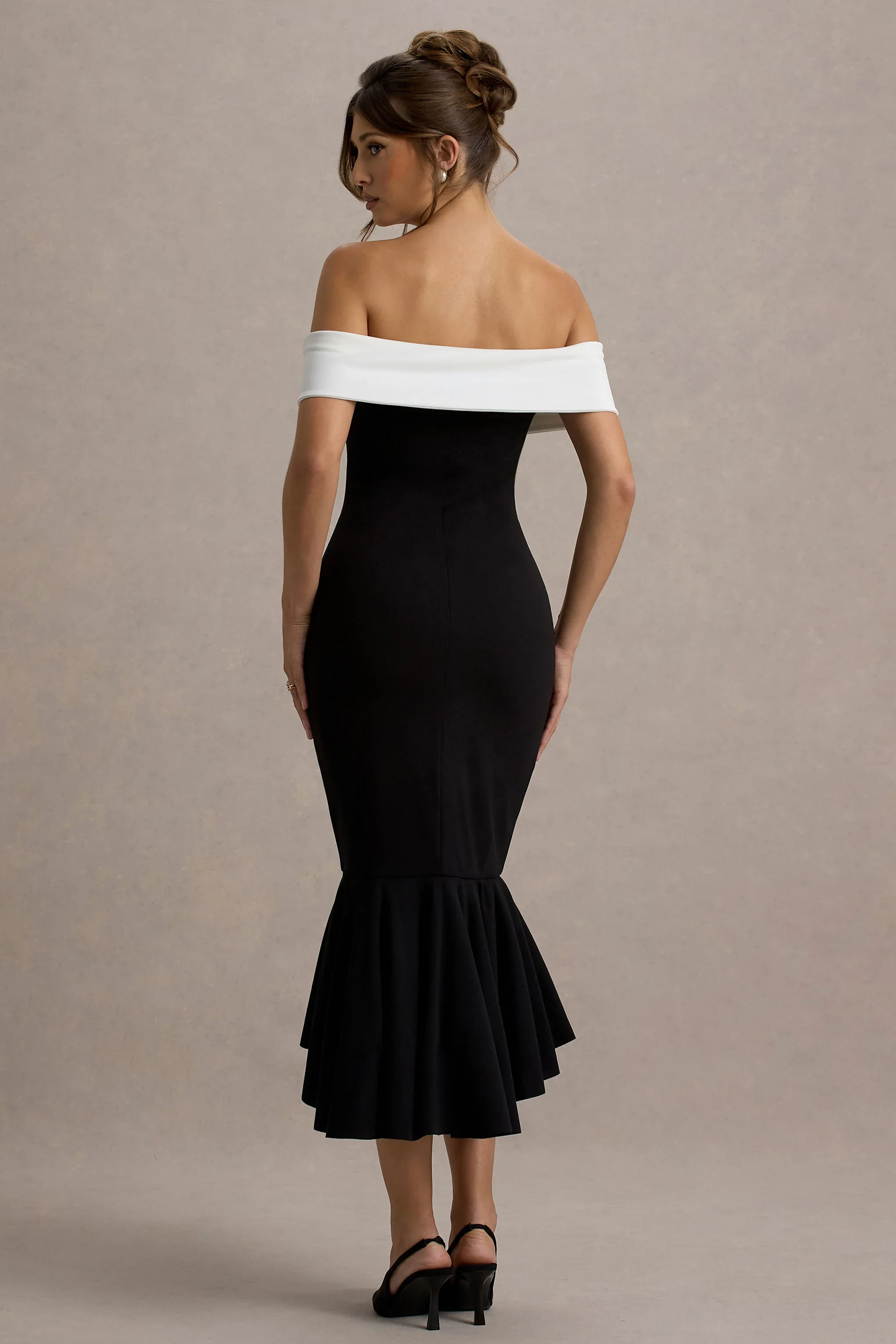 Corola | Black & White Bardot Volume-Hem Midi Dress