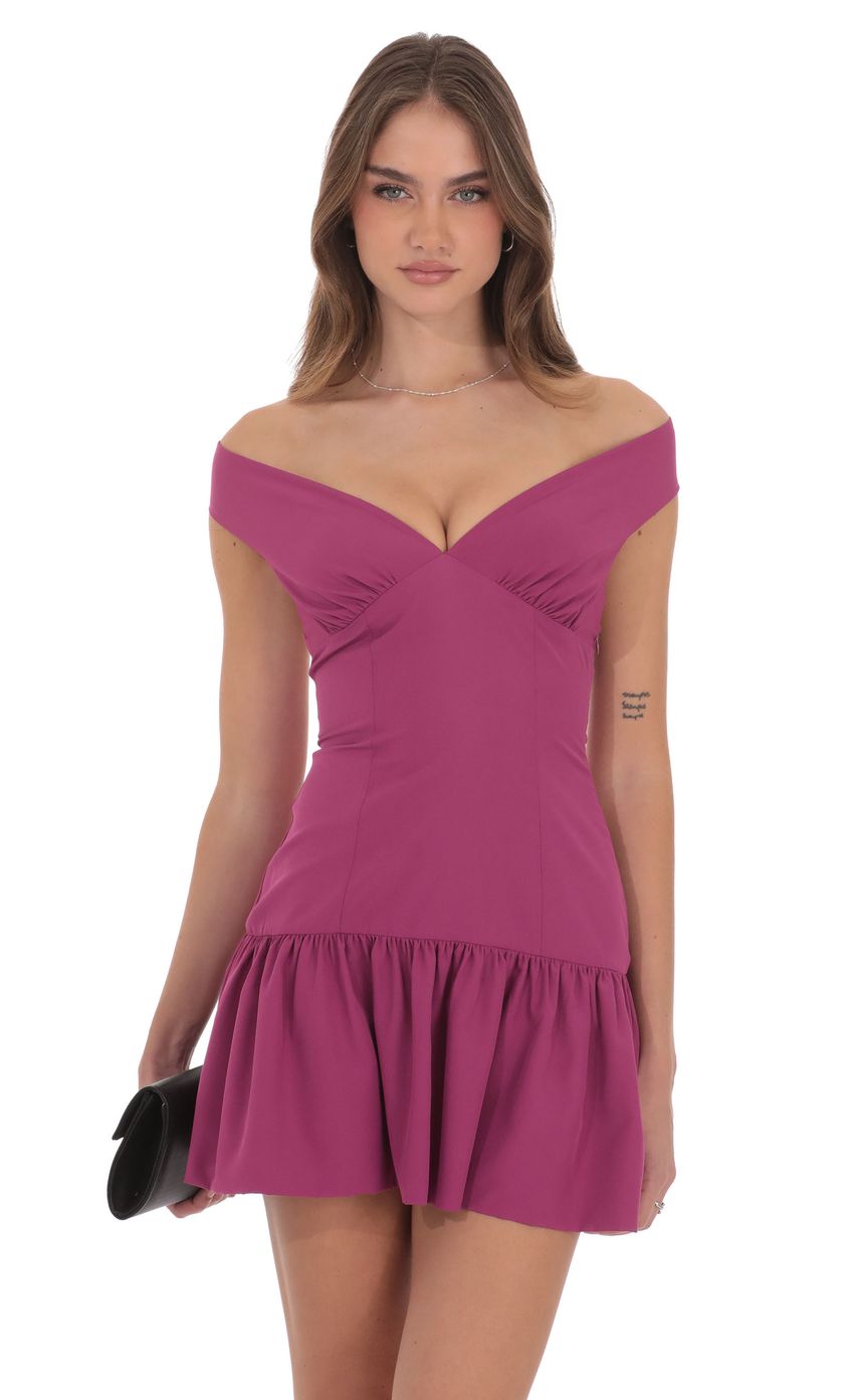 Off Shoulder Drop Waist Dress in Magenta
