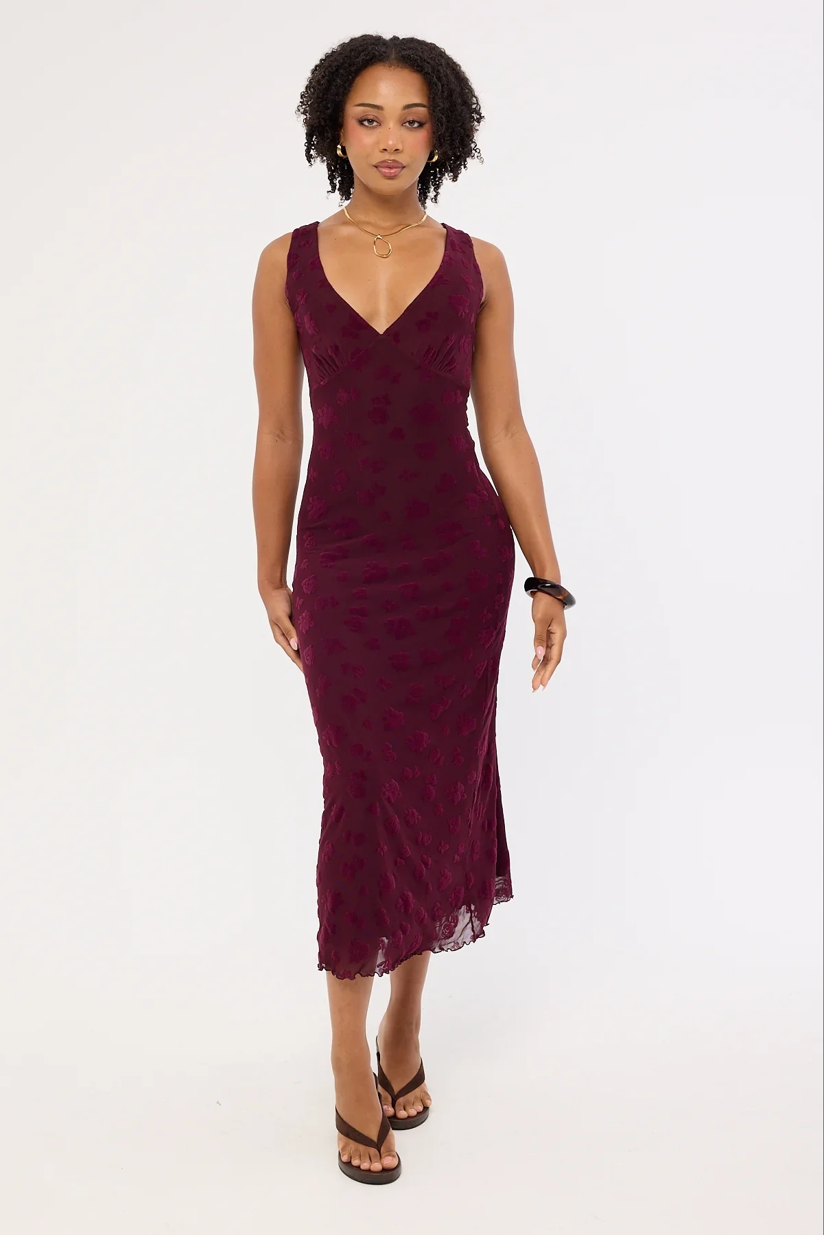 Luck & Trouble Gia Flocked Midi Dress Dark Burgundy