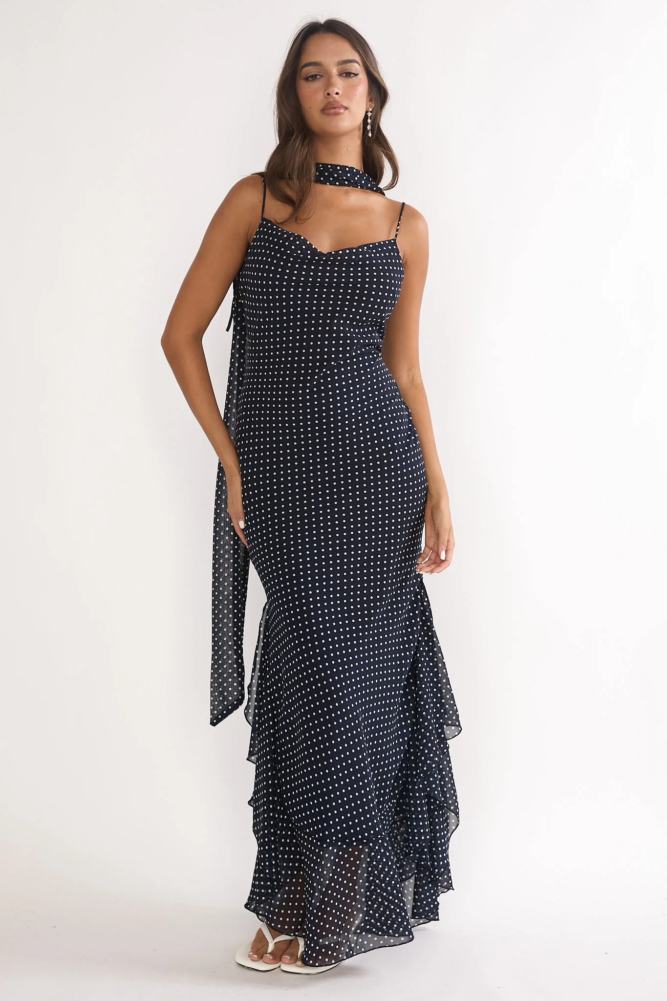 Emmara Tied Shoulder Maxi Dress Polka Dot Navy
