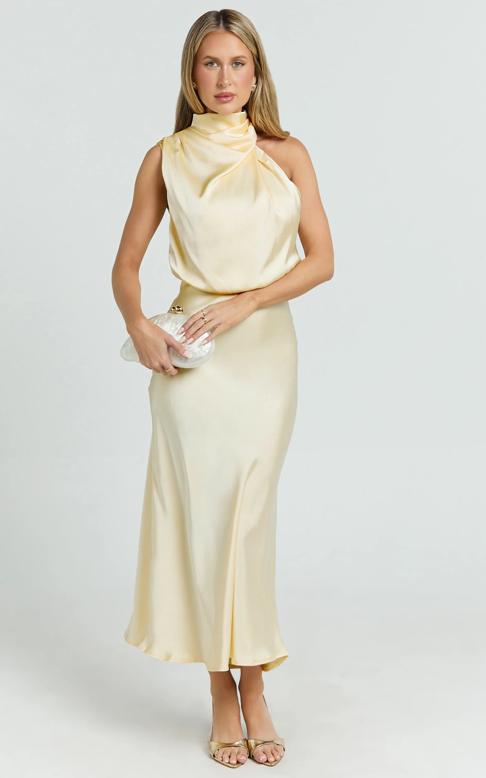 Minnie Midi Dress - Drape Neck Satin Slip Dress in Butter Yellow