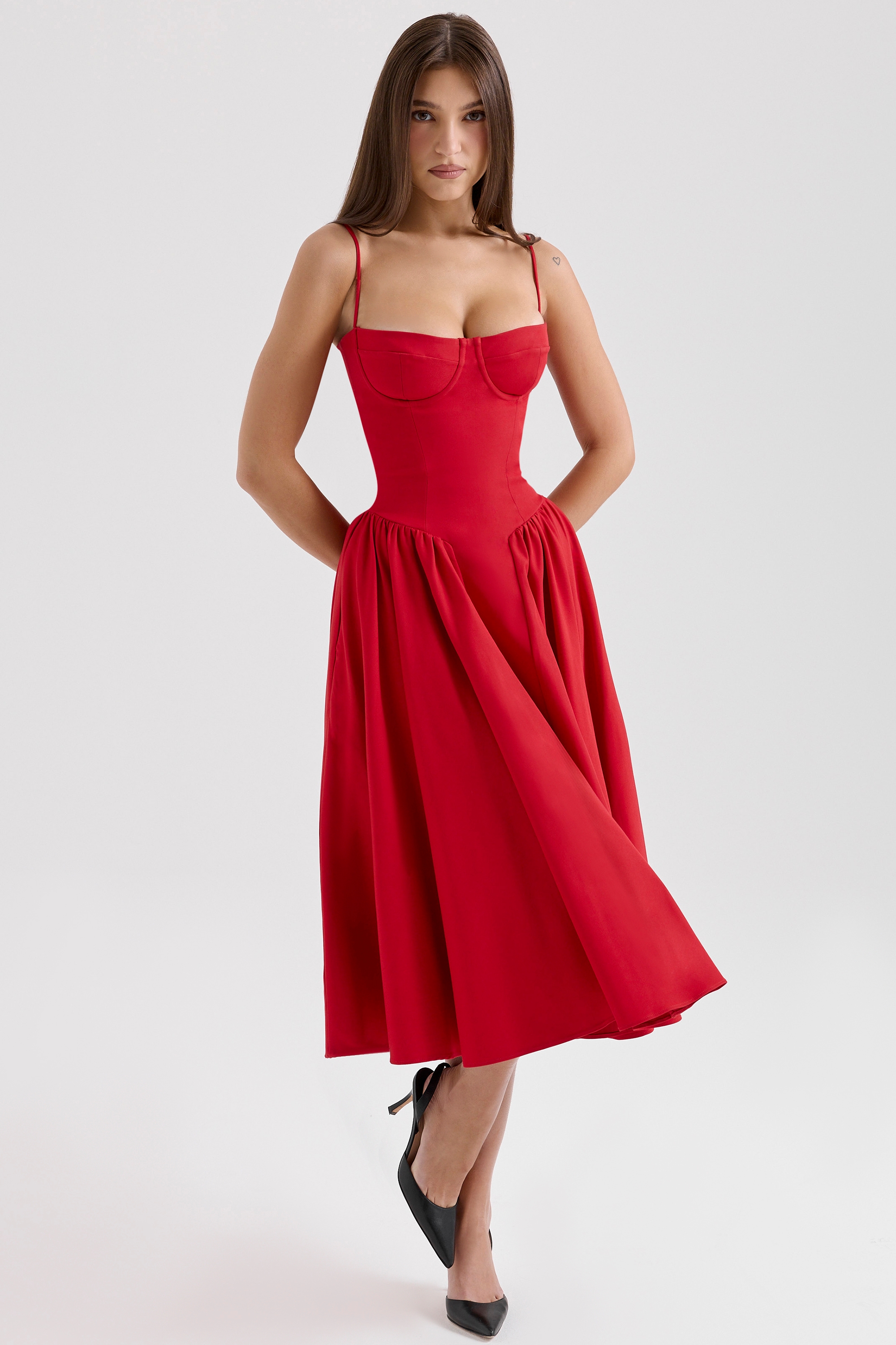 red gathered midi dress