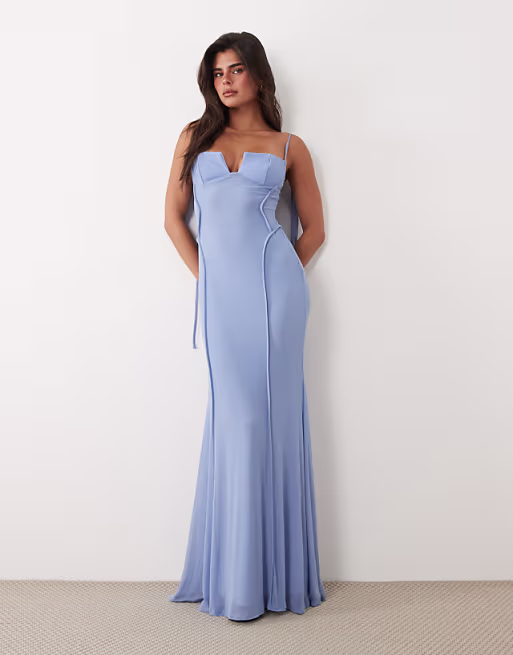 mesh exposed seams sculpted cups maxi dress in pale blue