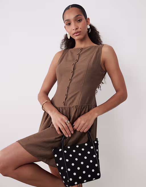 Brave Soul slash neck button down dropped waist mini dress in brown