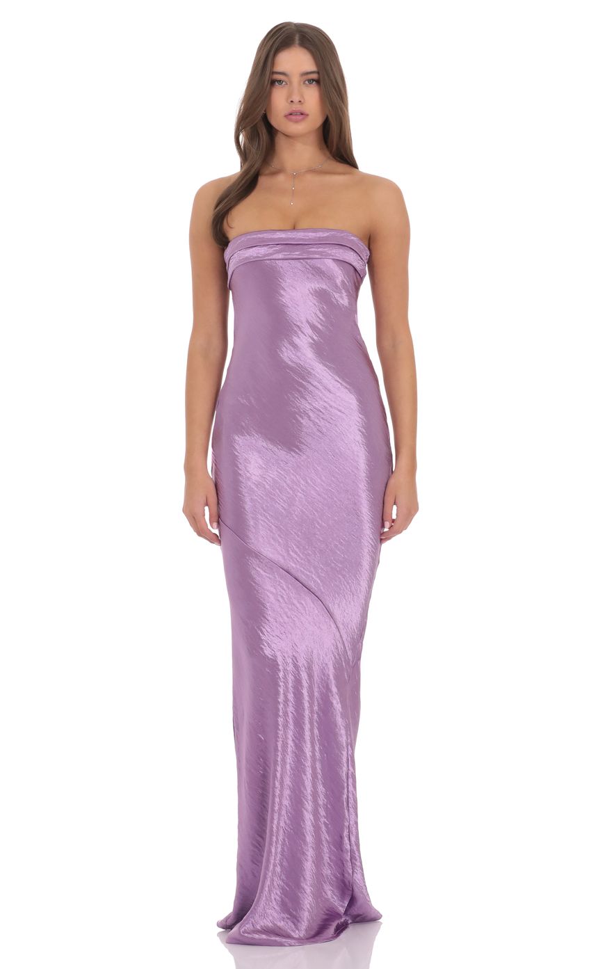 Crinkle Satin Open Back Maxi Dress in Purple