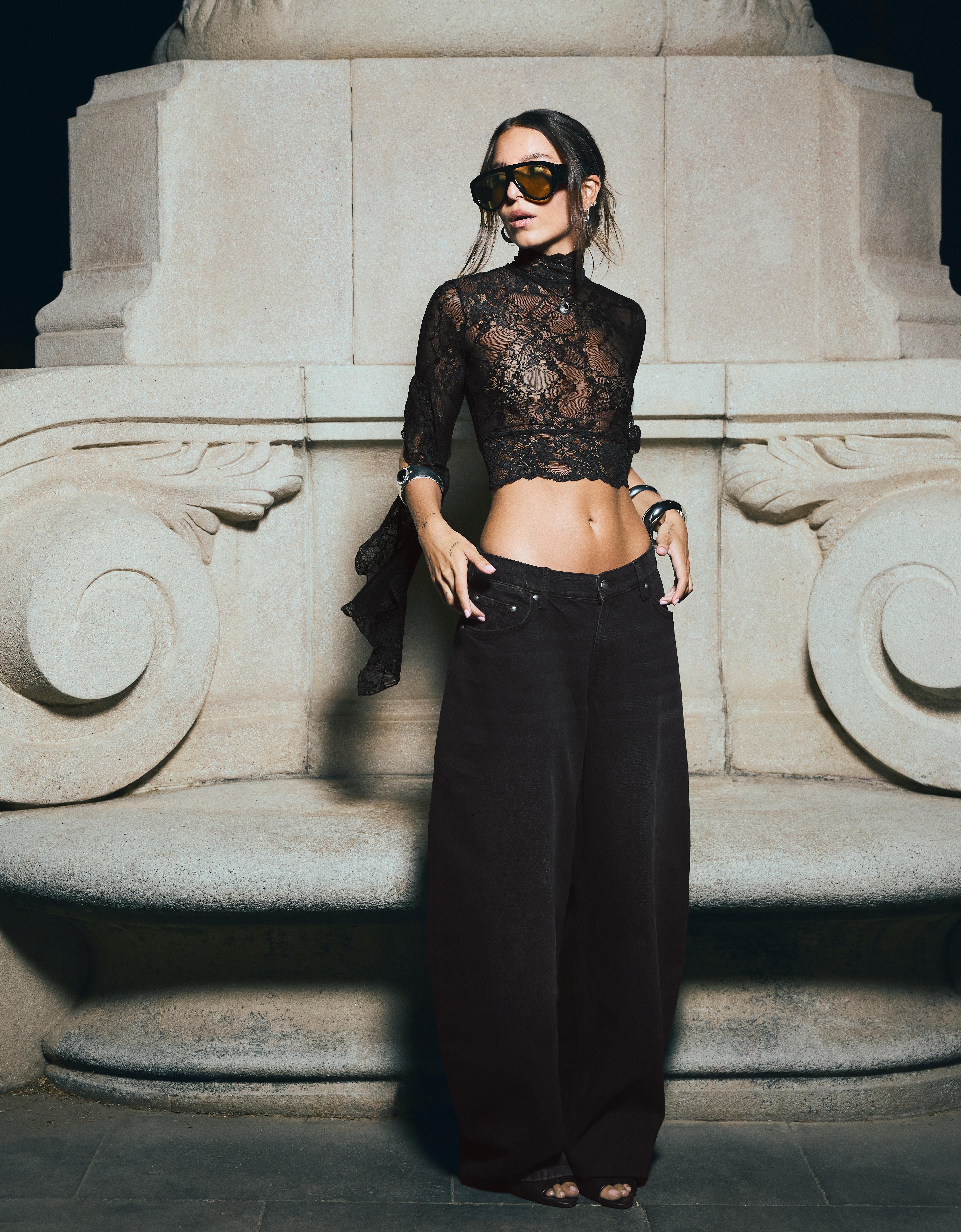 High-Neck Lace T-Shirt With Frill Sleeves