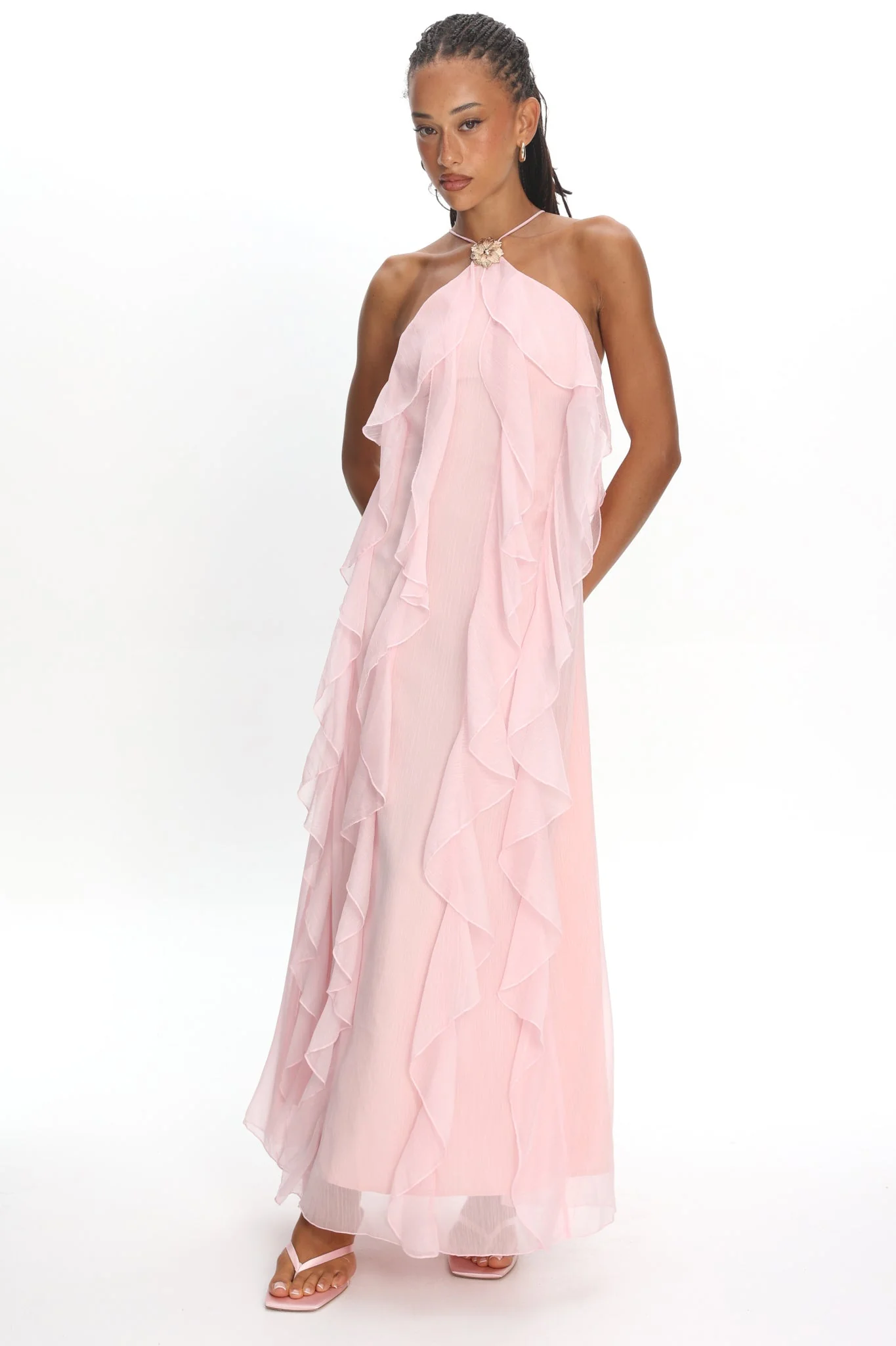 Cici Halterneck Ruffle Maxi Dress Pink