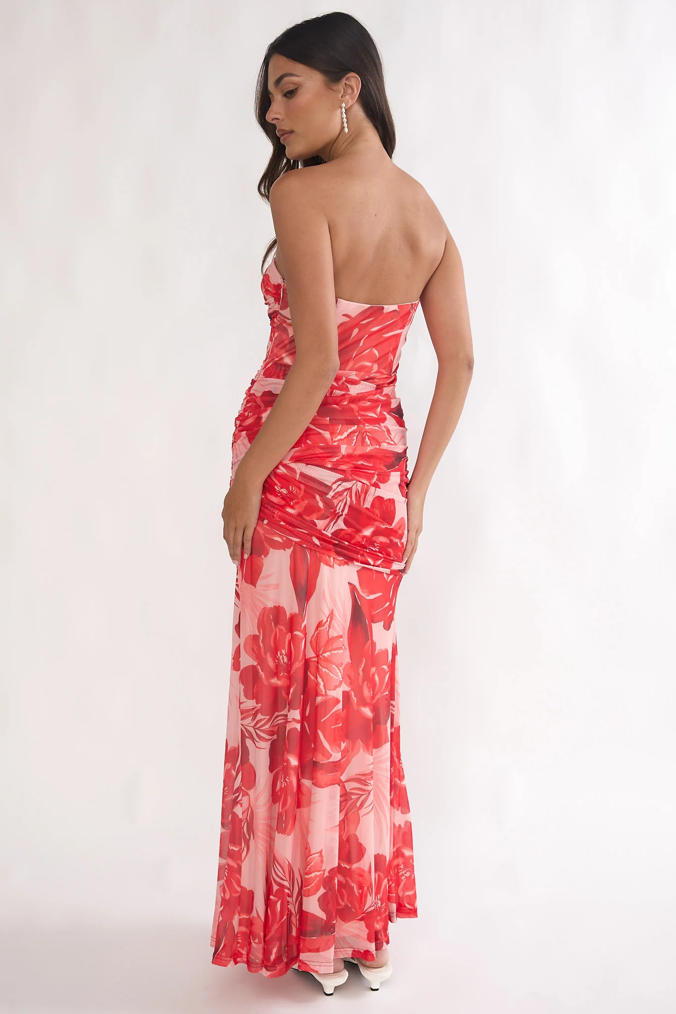 Kallira Strapless Ruched Maxi Dress Floral Red - luluinthesky