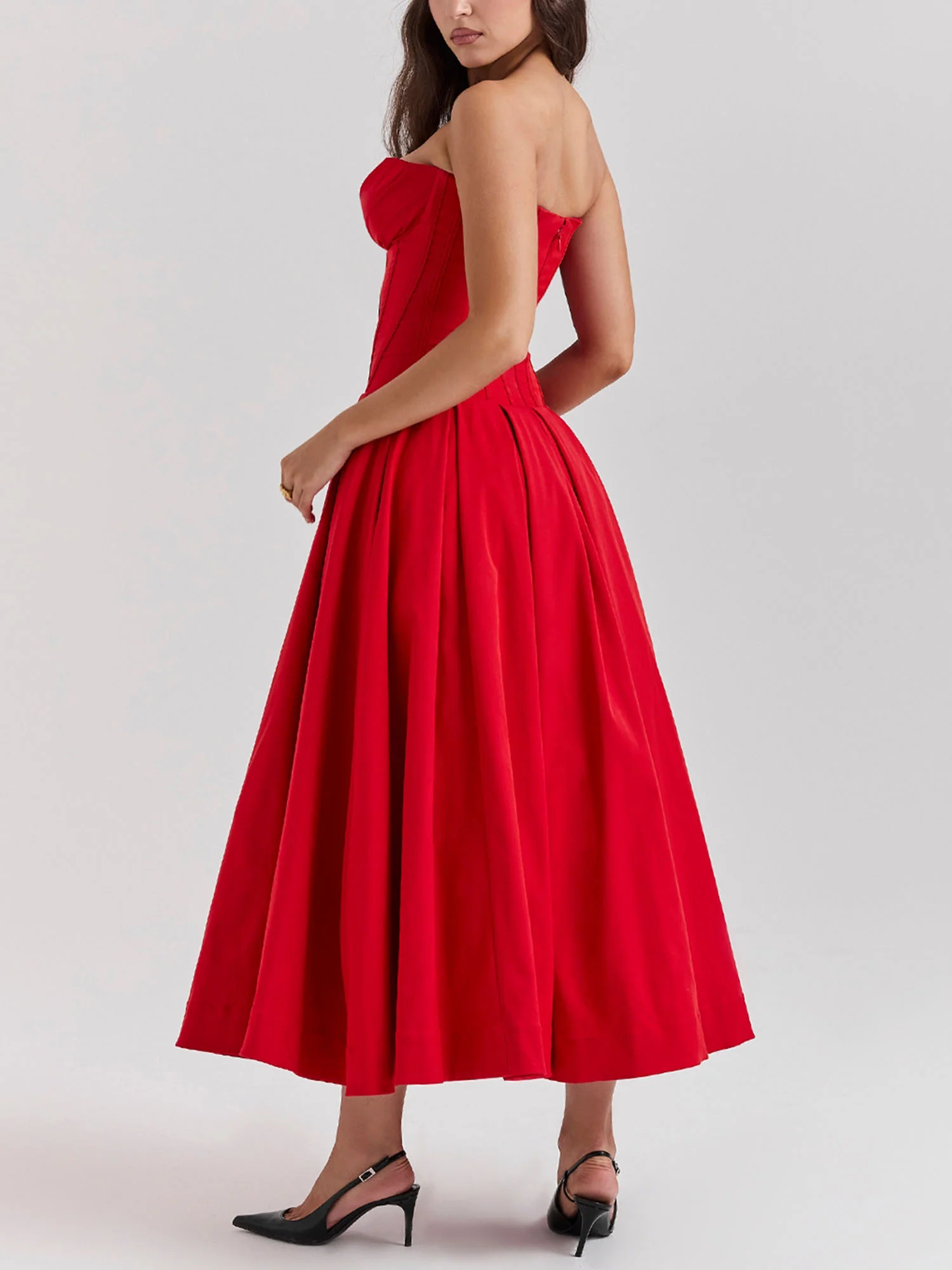 Red Strapless Fit-and-Flare Midi Dress