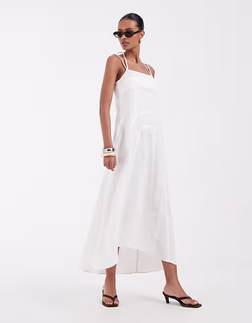 & Other Stories linen midi dress with thin crossover straps in white