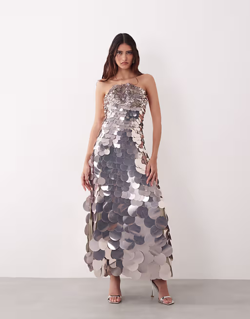 ARRANGE disc sequin crescent bandeau maxi dress in silver