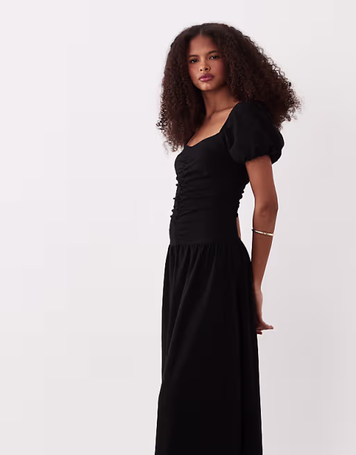 ruched front midi tea dress in black