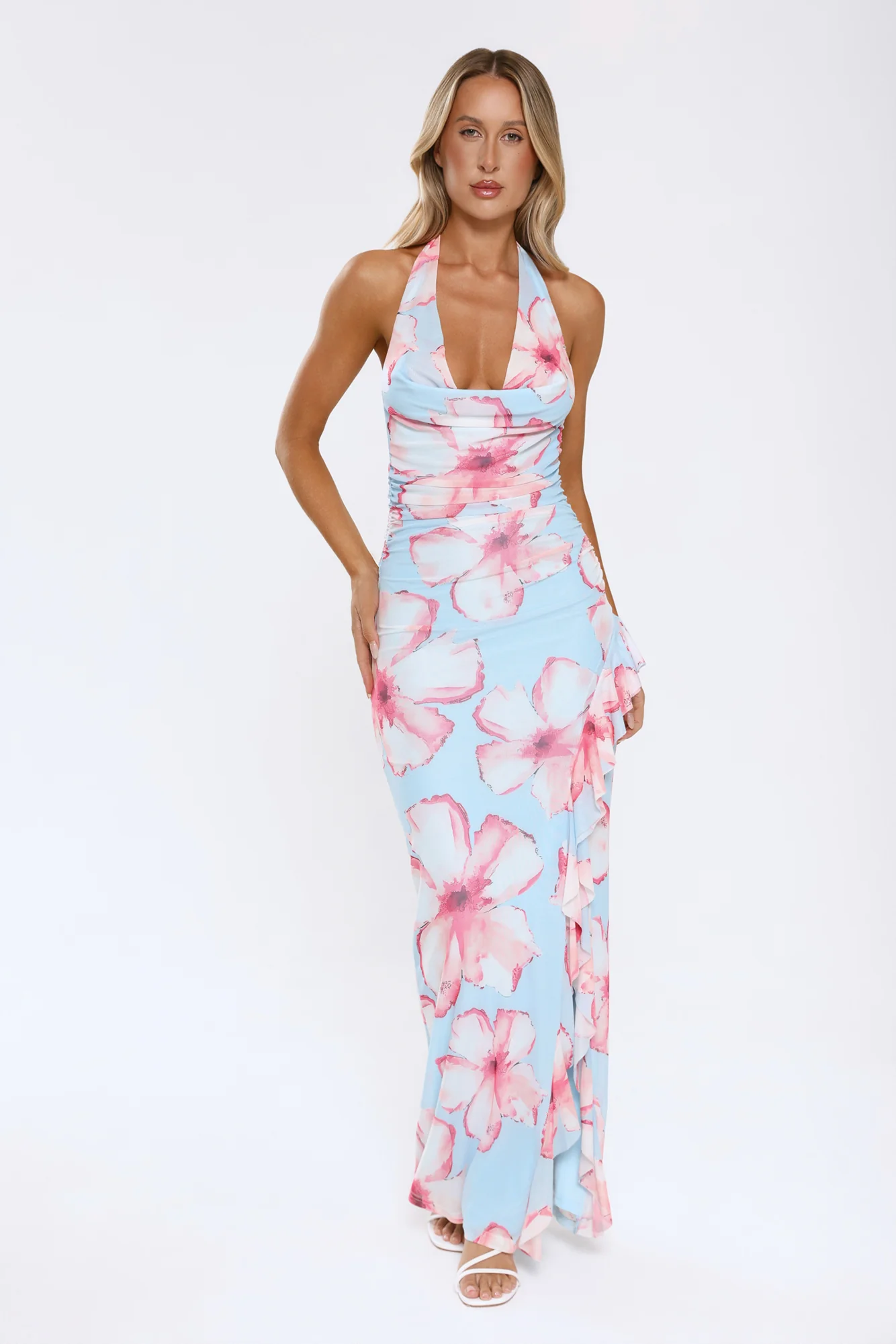 Sweetly Said Mesh Halter Maxi Dress Blue
