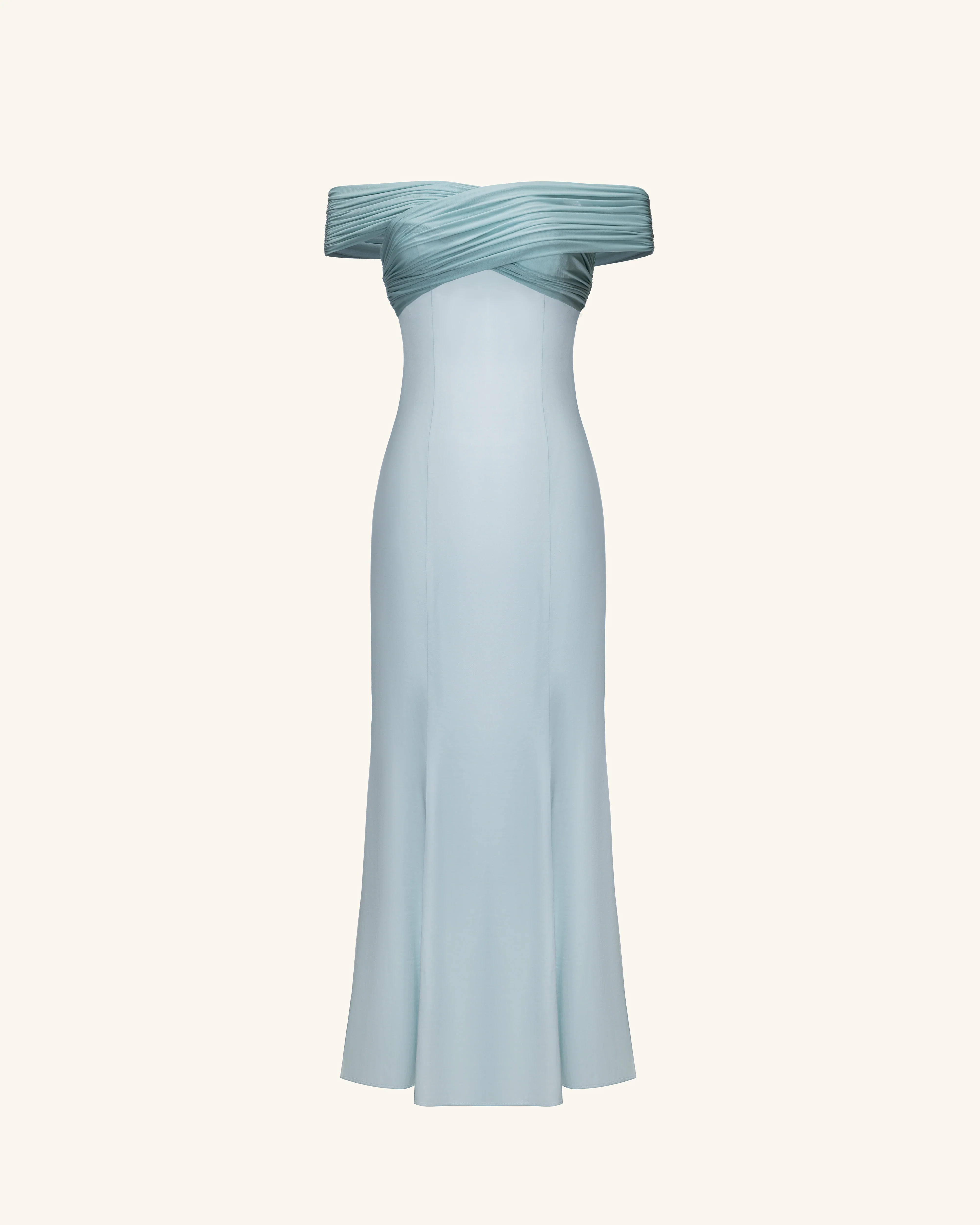 Pleated Cross-Halter Satin Maxi Dress - Dusty Blue - FASHION NOB