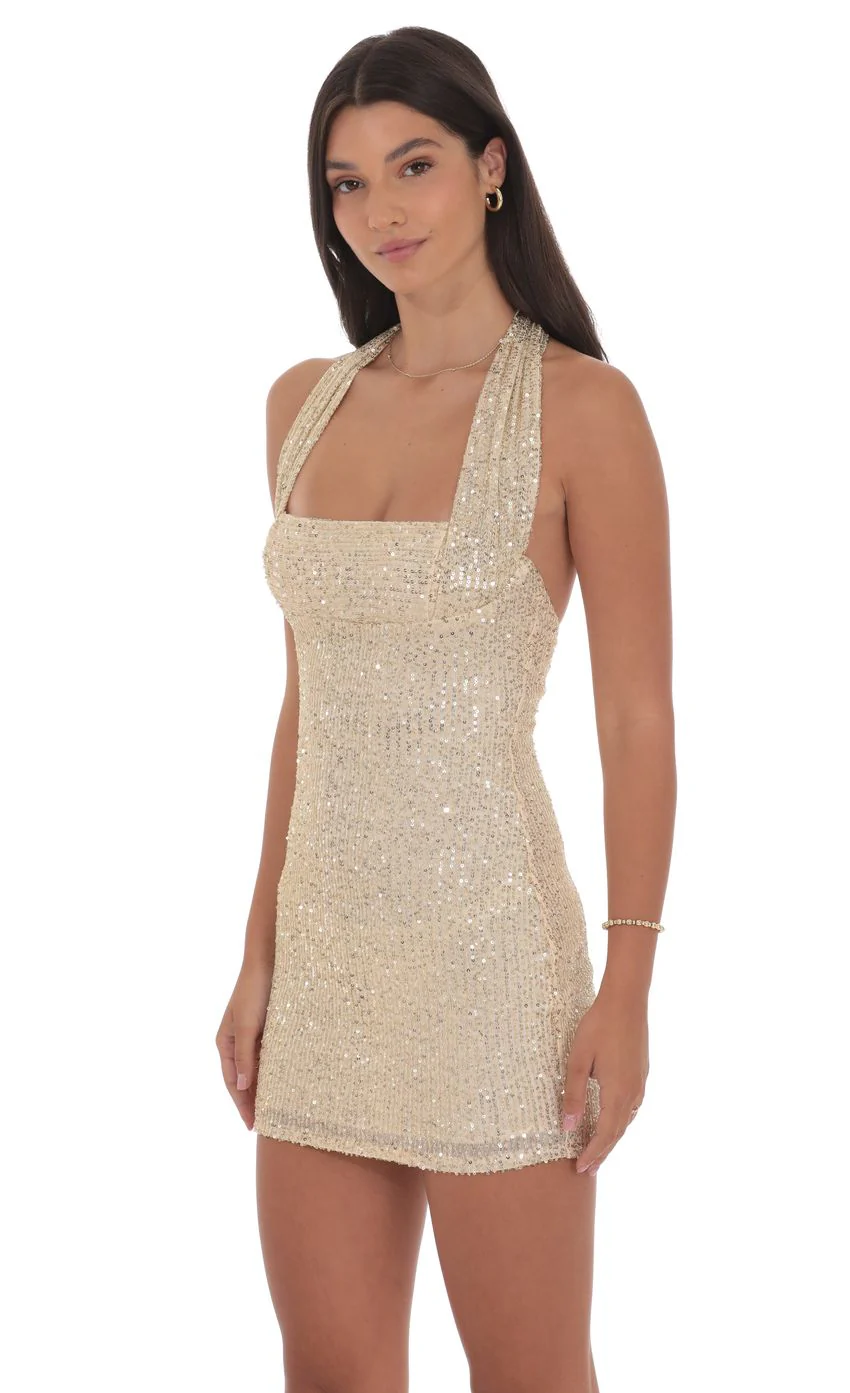 Sequin Halter Dress in Gold - luluinthesky