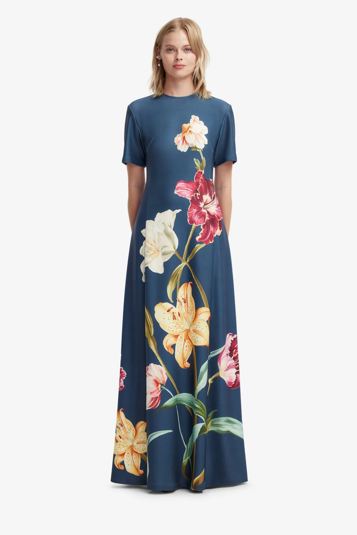 Alice Short Sleeve Maxi Dress - Lily Print in Indigo