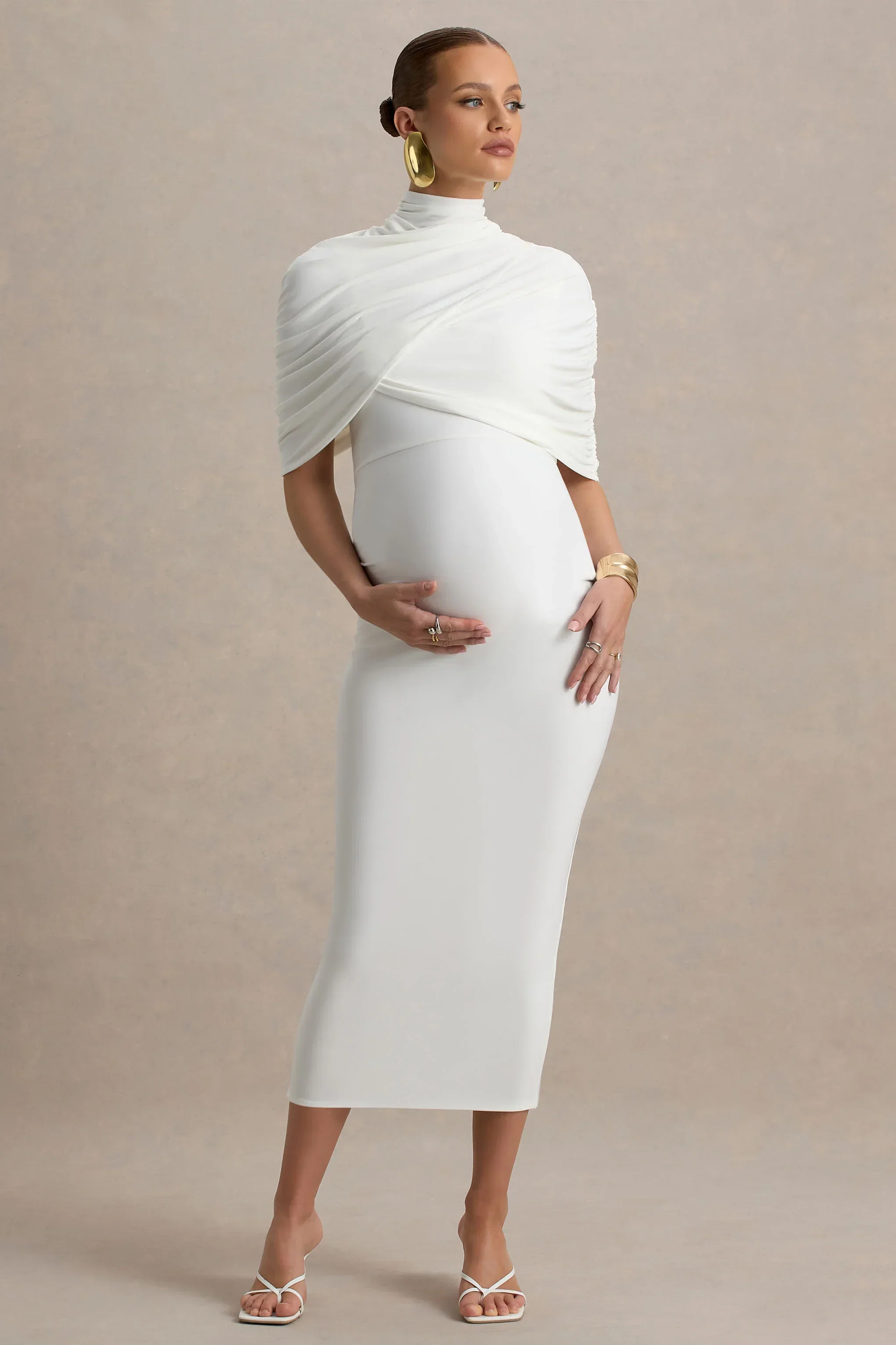 Augustina | White Maternity Midi Dress With Cape