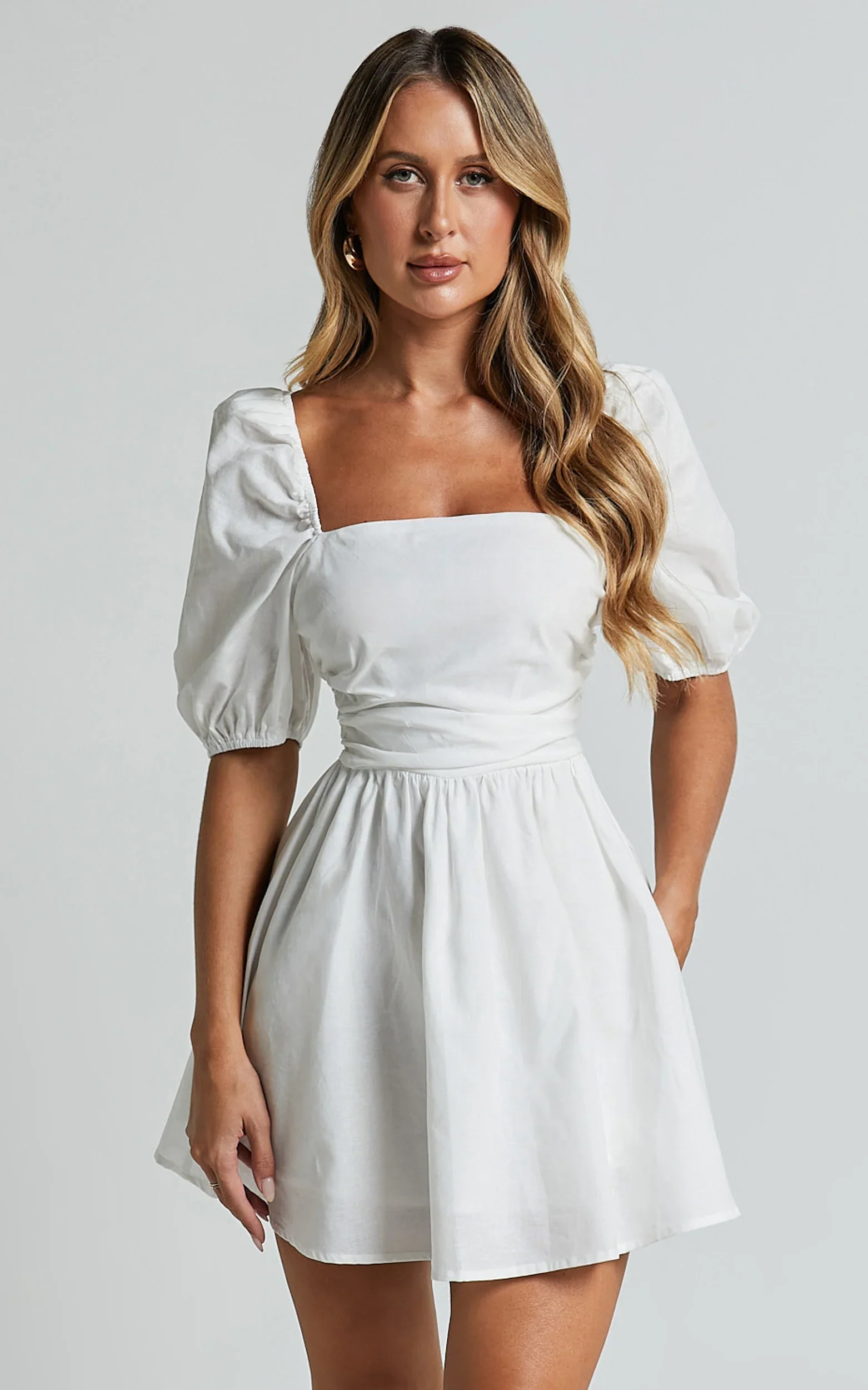 Claudina Mini Dress - Linen Look Puff Sleeve Ruched Bodice Dress in White