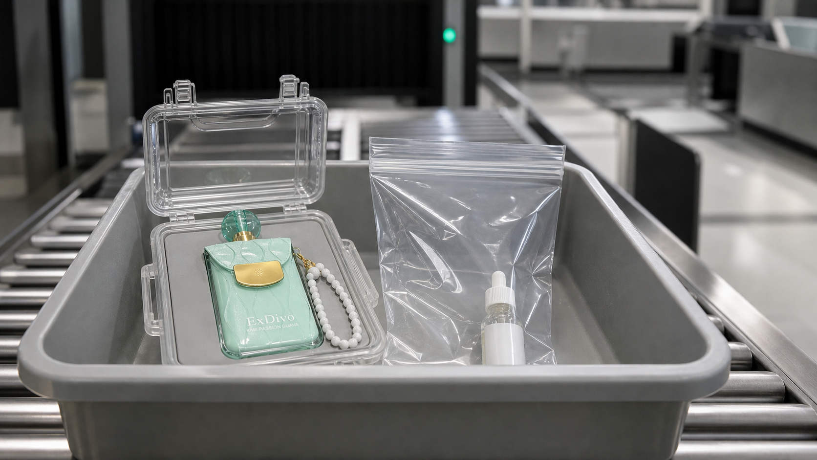 ExDivo FLORA vape in a protective case inside an airport screening tray