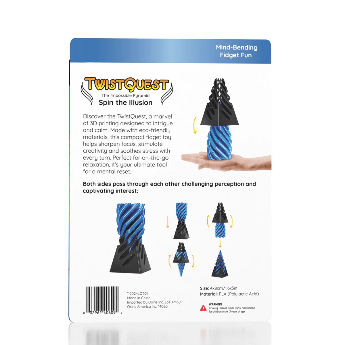 TwistQuest 3D Printed Fidget Spiral Cone Toy (Blue & Black)