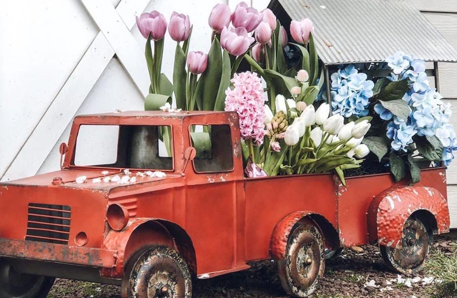 Huge *48 Inch* Distressed Metal Red Truck With Trailer
