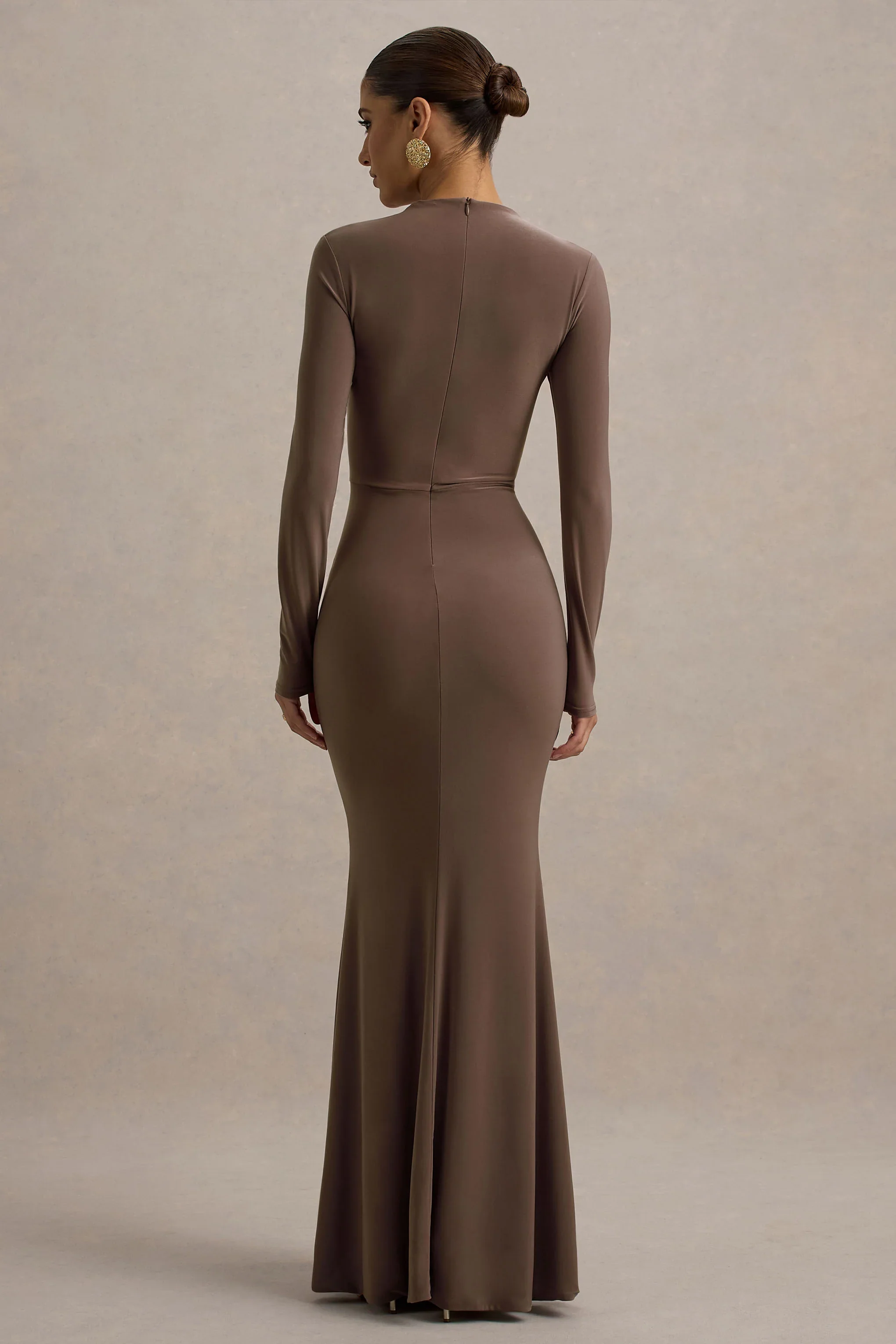 Reid | Brown Long-Sleeve Gathered Maxi Dress