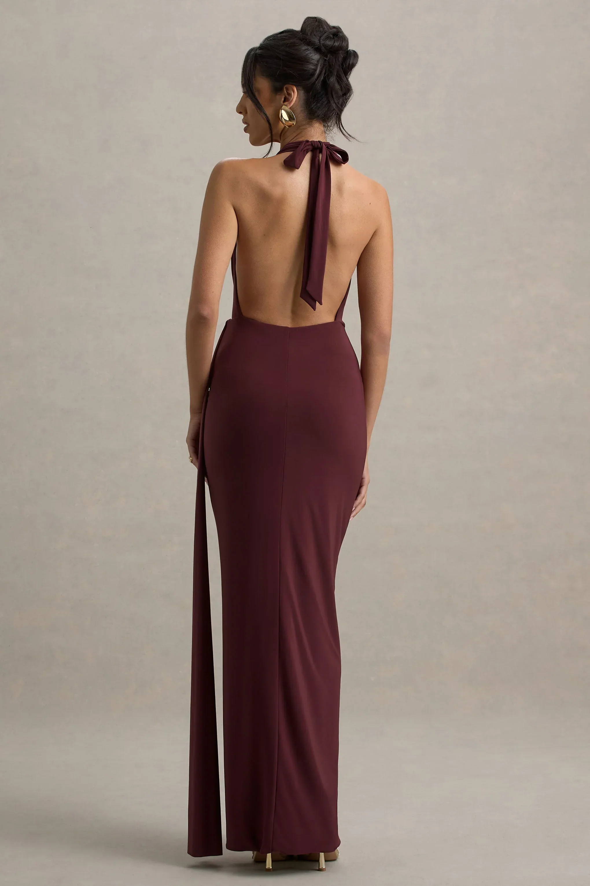 Rosina | Burgundy Halter-Neck Draped Maxi Dress With Sash